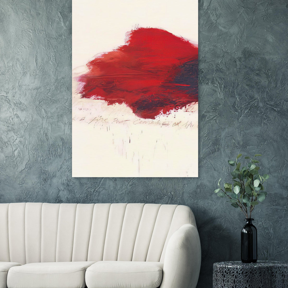 The Fire that Consumes All Before It by Cy Twombly, poster; a sweeping expanse of crimson red, layered brushstrokes, and deep reddish-black accents against a pale, off-white background