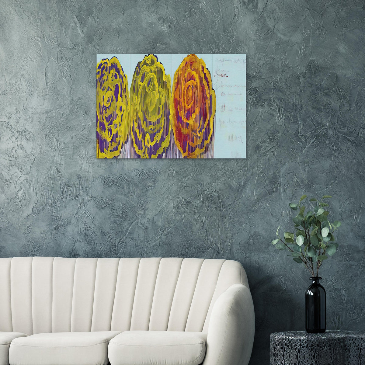 The Rose (III) by Cy Twombly canvas print: This striking composition features three large, rose-inspired forms in vivid yellow, orange, green….