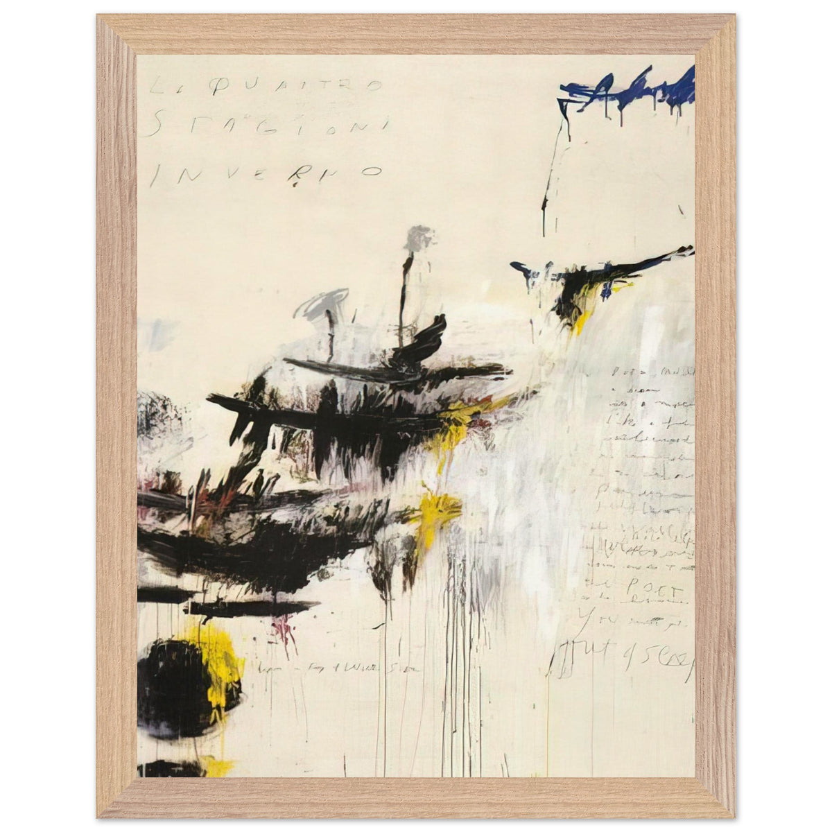 Quattro Stagioni I. Inverno by Cy Twombly, framed art print, bold black brushstrokes, flowing paint drips, 60x80 cm (24x32 in), white frame