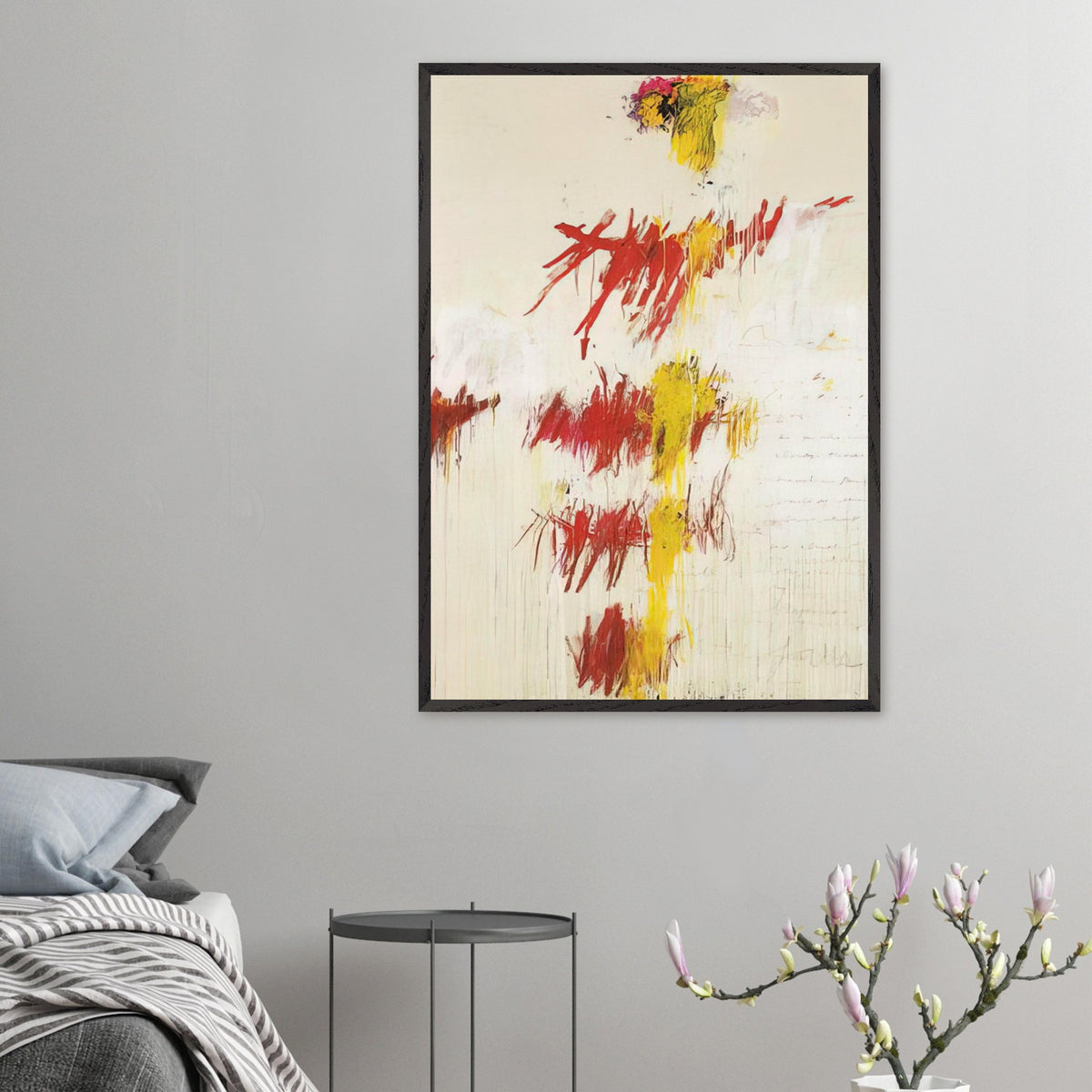Quattro Stagioni II. Primavera by Cy Twombly, framed art print, energetic red and crimson brushstrokes, luminous yellow accents
