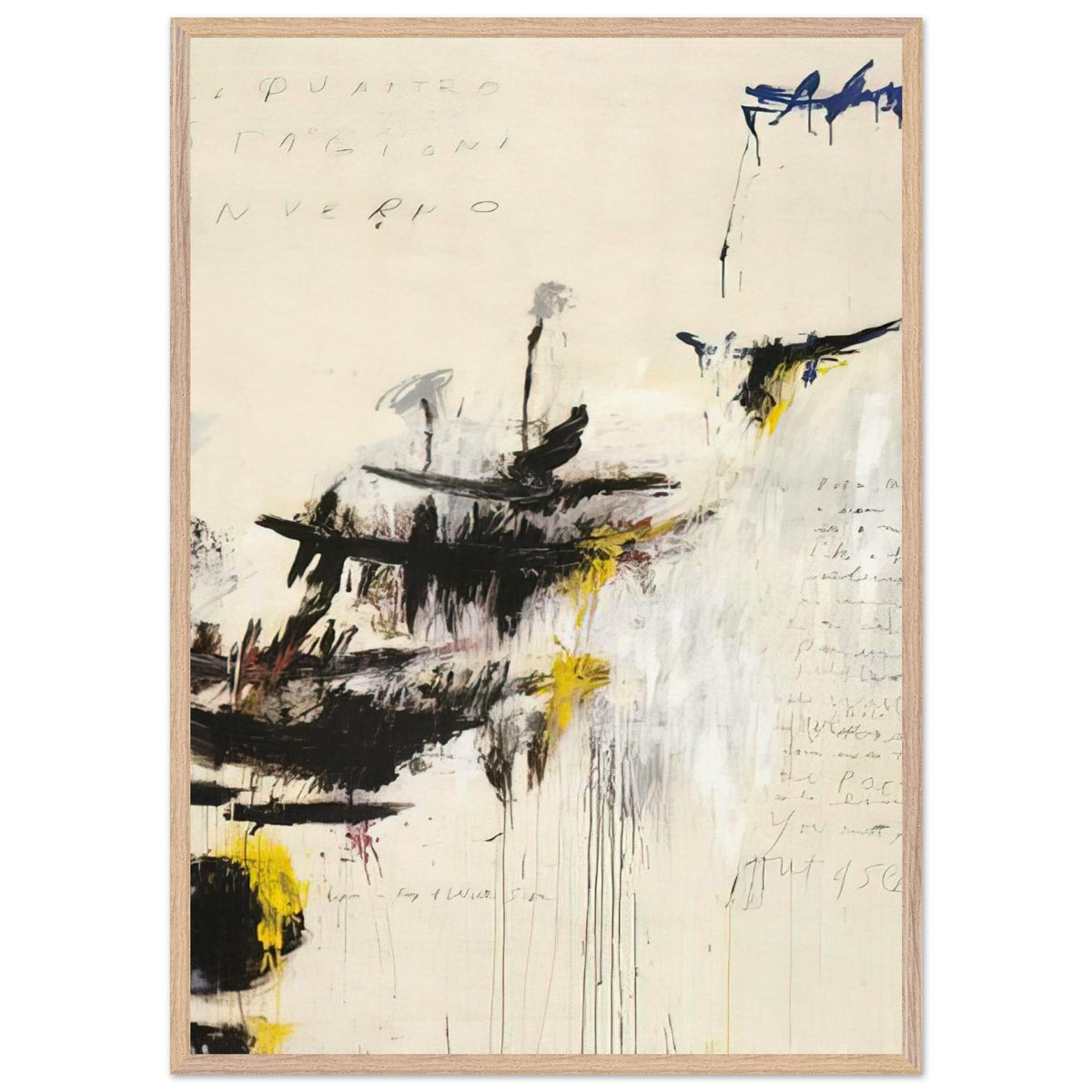 Quattro Stagioni I. Inverno by Cy Twombly, framed art print, bold black brushstrokes, flowing paint drips, 50x70 cm (20x28 in), white frame