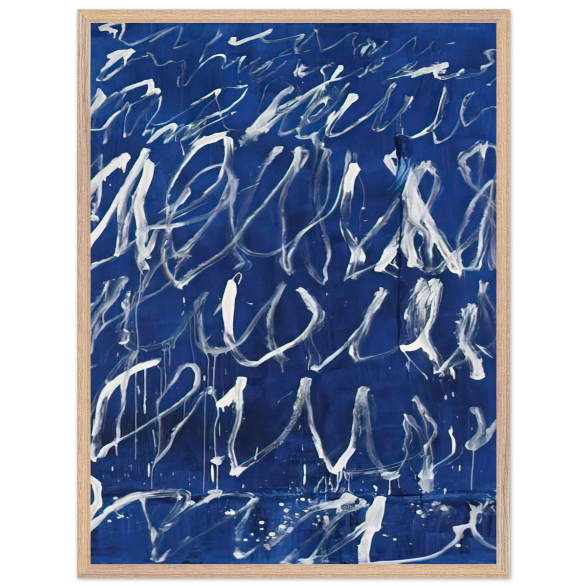 Untitled by Cy Twombly, framed art print, deep blue ground covered with energetic white brushstrokes, looping, 60x80 cm (24x32 in), wood frame
