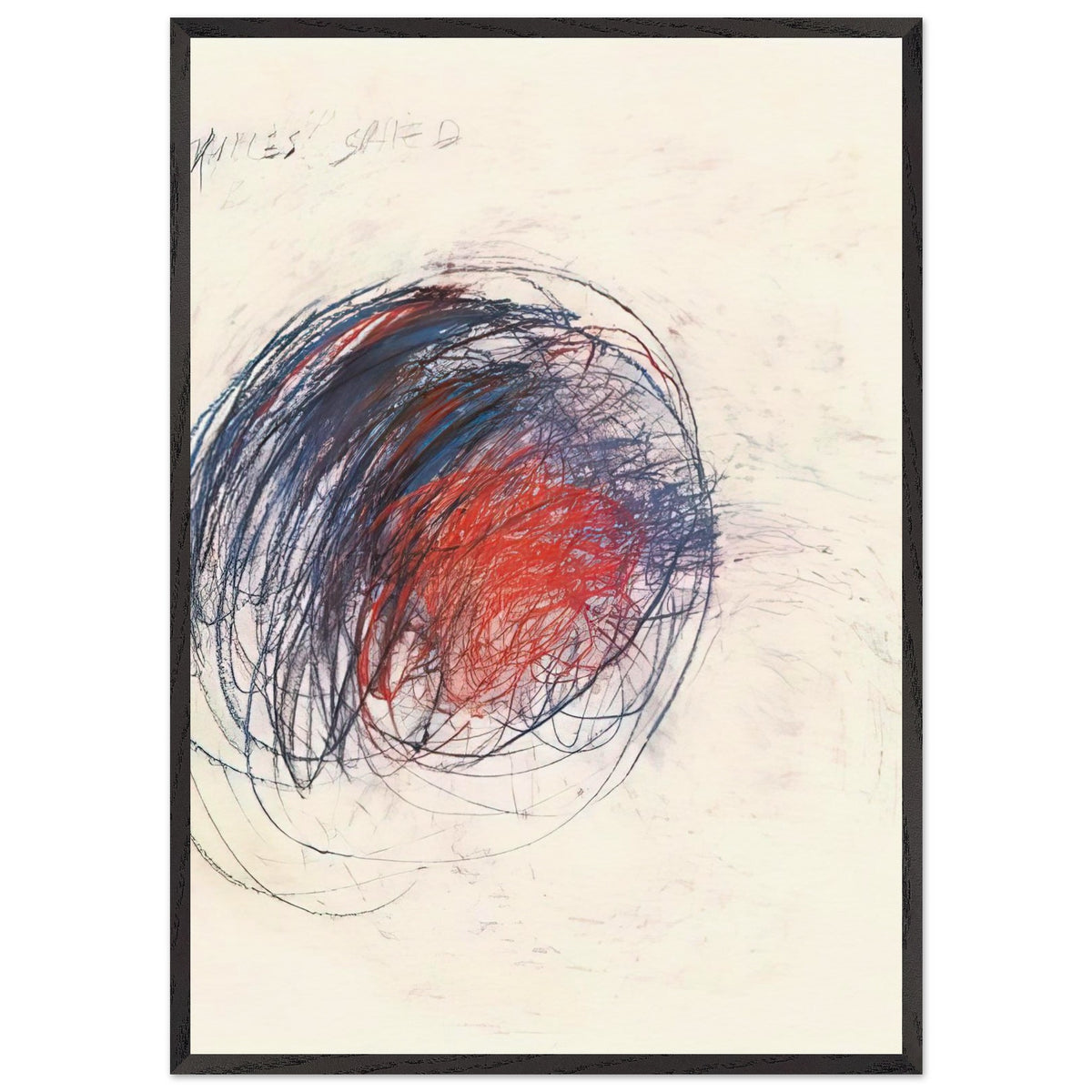 Fifty Days at Iliam: Shield of Achilles by Cy Twombly, framed art print, 27x35 cm / 11x14″, White frame; intricate black lines, expressive red strokes, deep blue accents