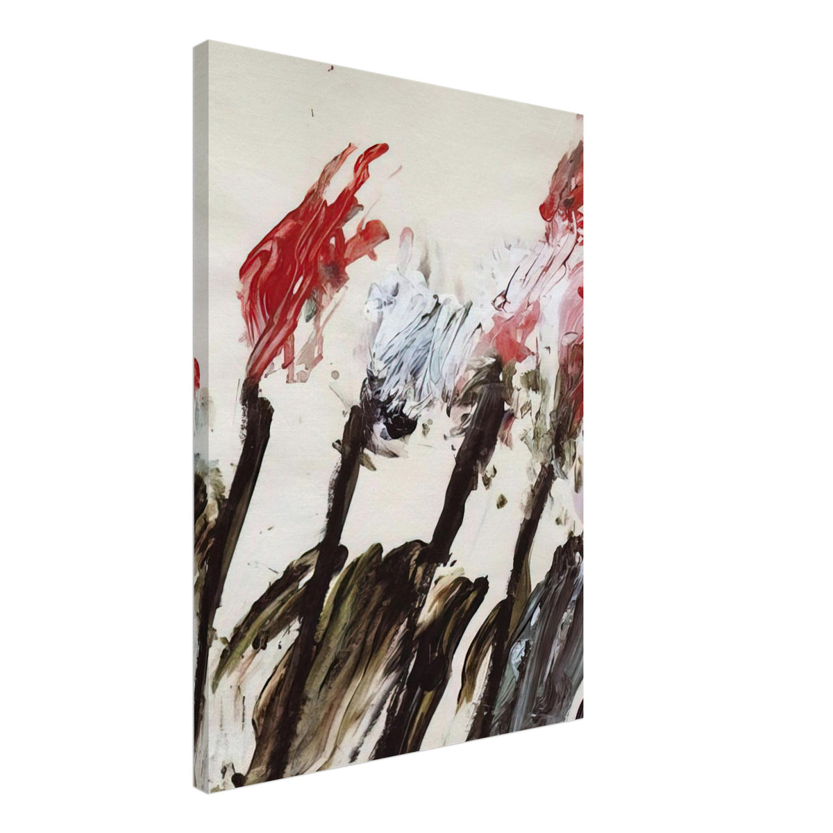 Nicola's Irises by Cy Twombly, canvas print, 70x100 cm / 28x40″; sweeping red and crimson brushstrokes, delicate pink accents, cool blue details