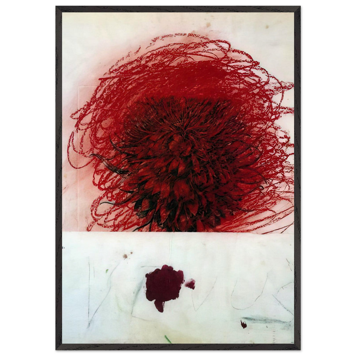 Pan II by Cy Twombly, framed art print, dense red and crimson form, surrounded by sweeping dark strokes and, 27x35 cm (11x14 in), white frame