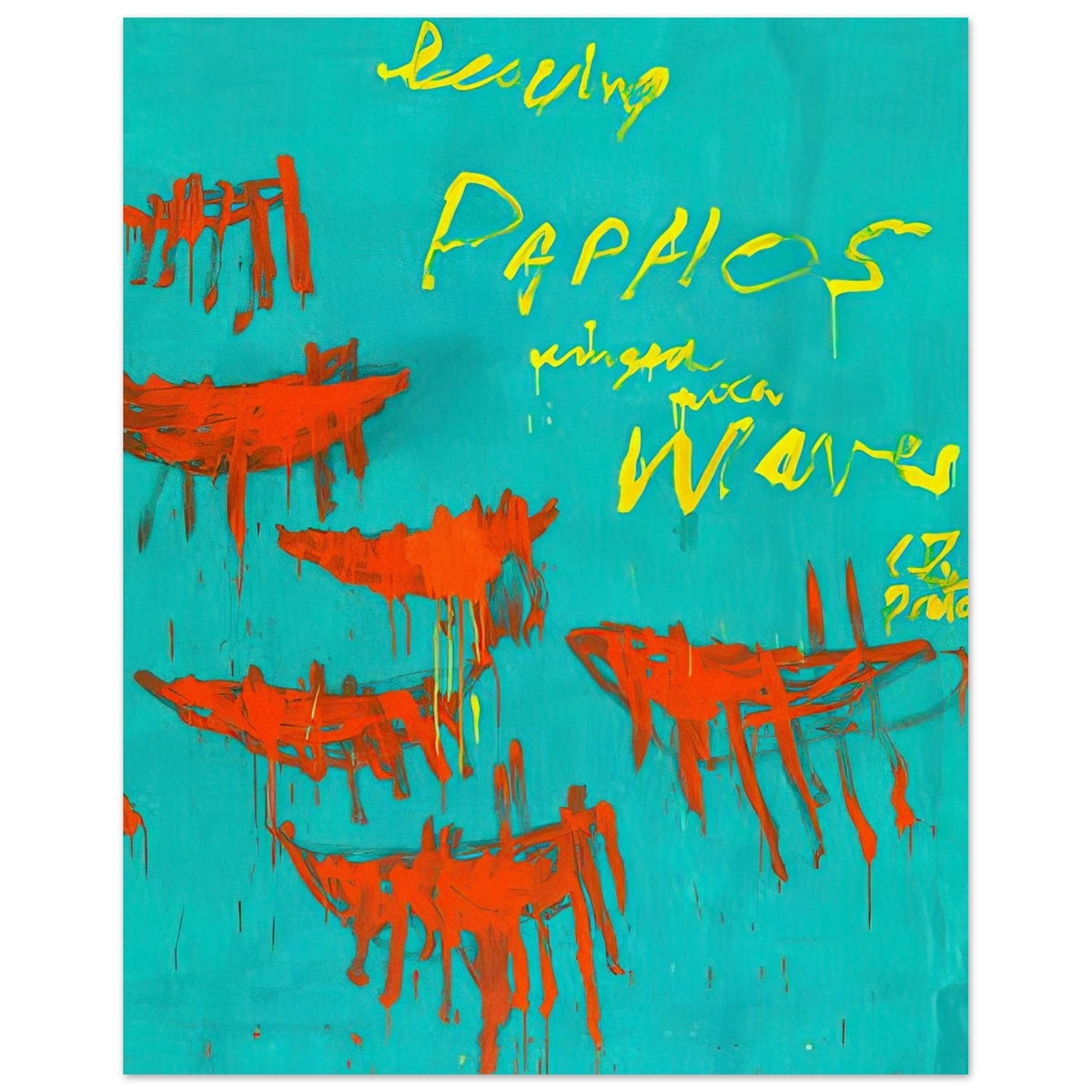 Leaving Paphos Ringed with Waves (III) by Cy Twombly, poster, 100x150 cm / 40x60″; a turquoise background with bold orange-red boat-like forms and spontaneous yellow handwritten lettering
