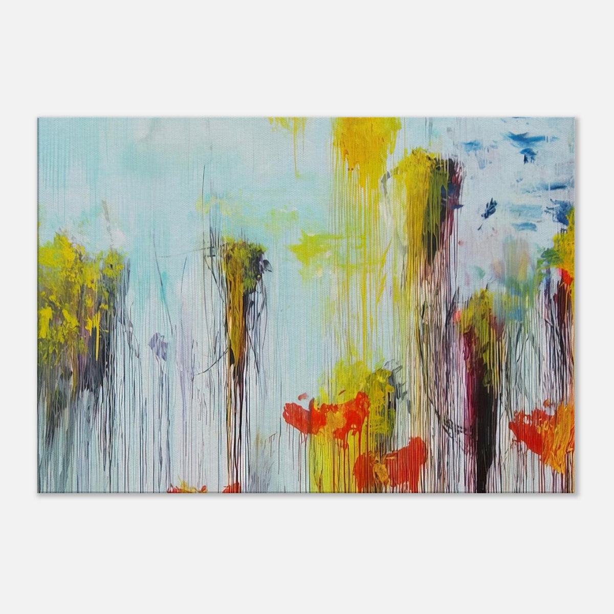Lepanto, Part VII by Cy Twombly canvas print: This striking composition features a pale blue background covered with flowing vertical paint drips….