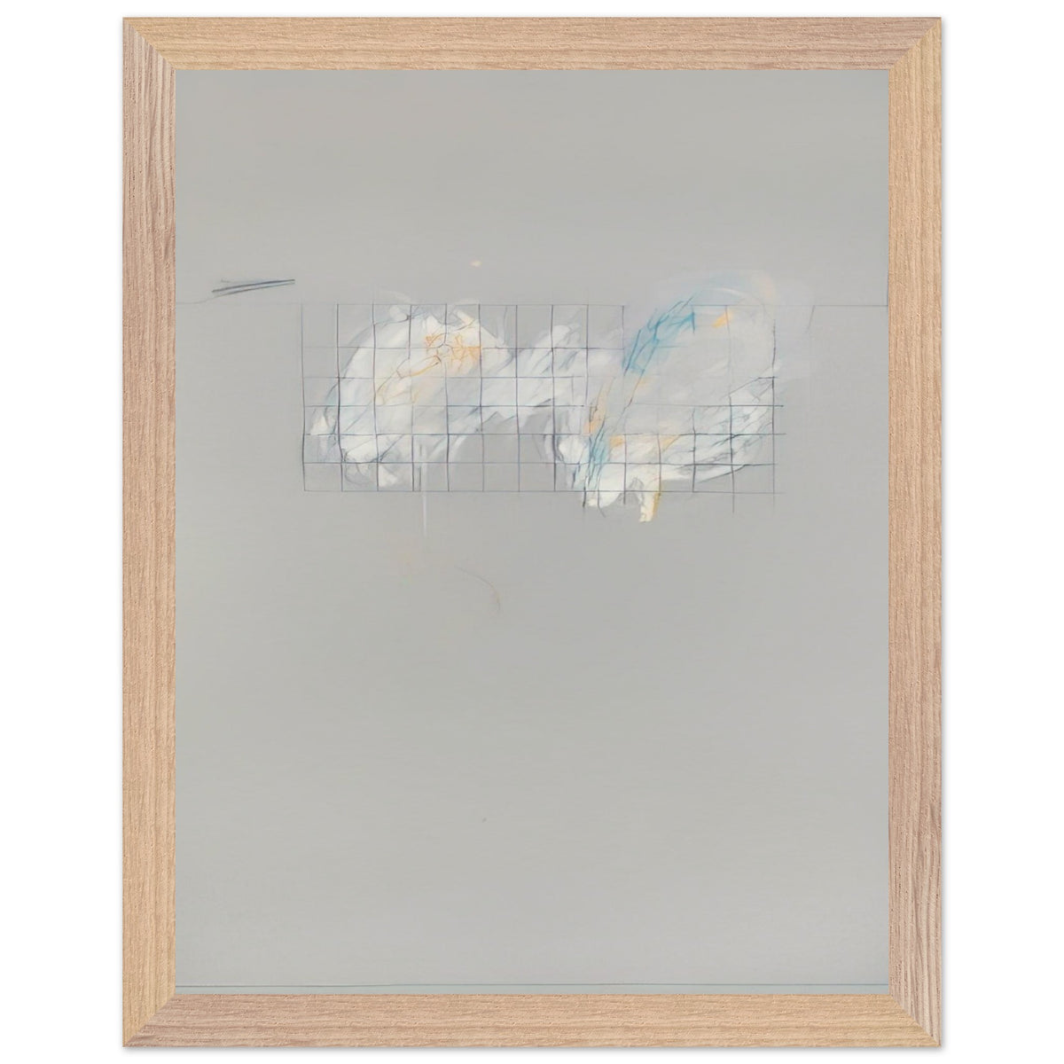 Nine Discourses on Commodus, Part I by Cy Twombly, framed art print, 70x100 cm / 28x40″, Wood frame; a muted gray background, a delicate grid of intersecting lines
