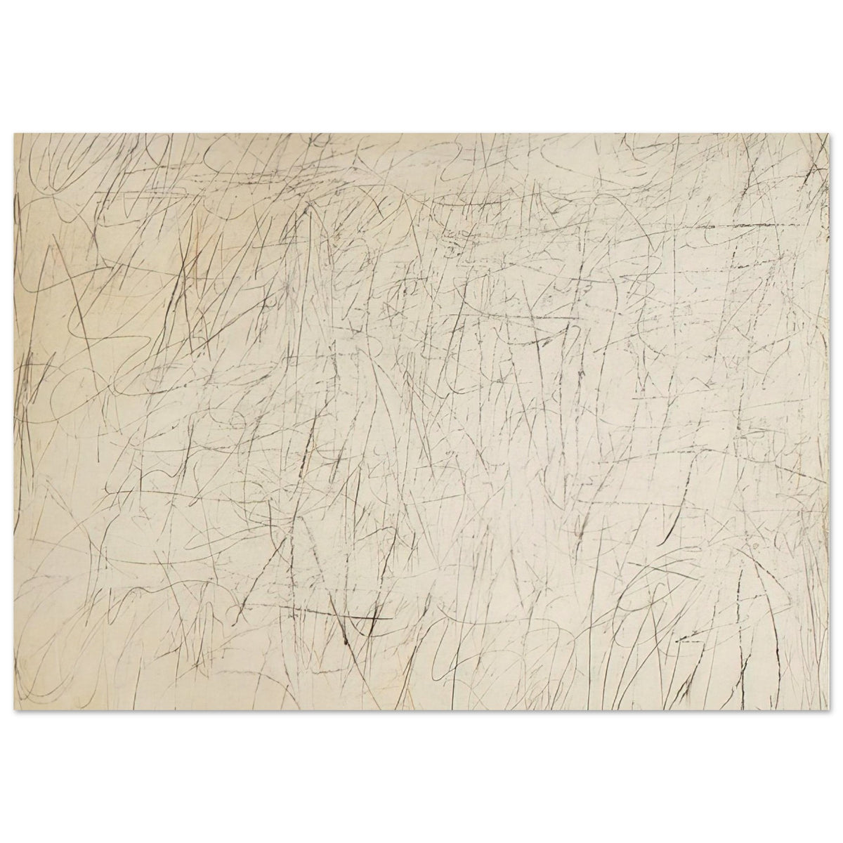 The Geeks by Cy Twombly poster, 60 × 90 cm / 24 × 36 in: This expressive composition features a warm ivory background covered with an intricate network….