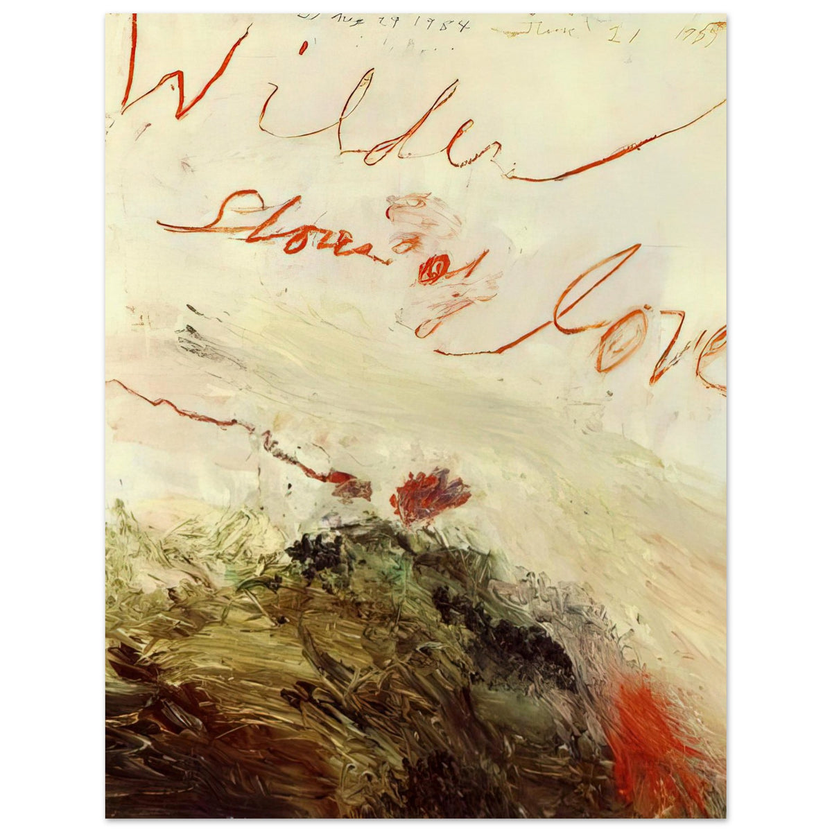 Wilder Shores of Love by Cy Twombly, poster, sweeping red and orange handwritten marks, delicate pencil lines, 40x50 cm (16x20 in)