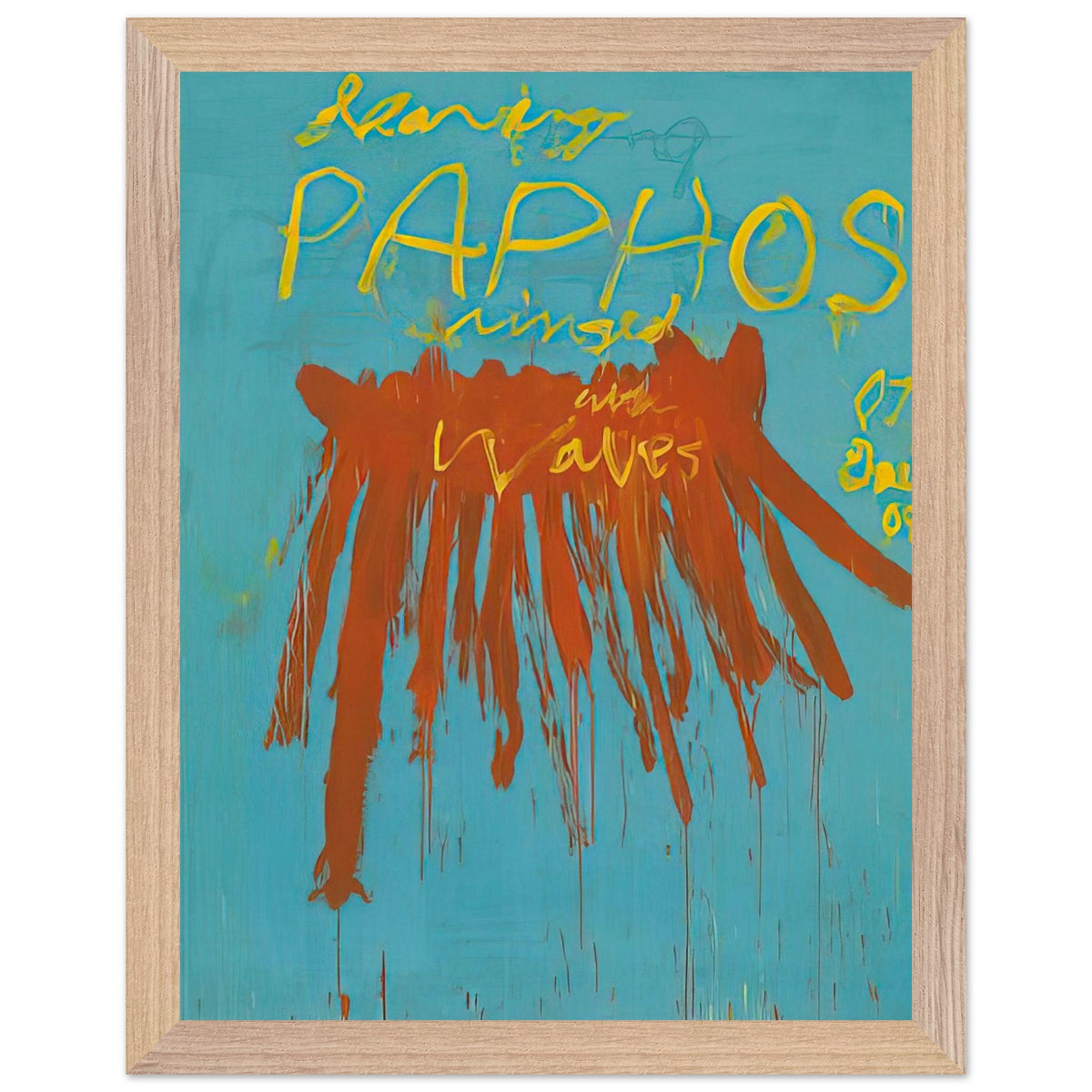 Leaving Paphos Ringed with Waves (IV) by Cy Twombly, framed art print, 50x70 cm / 20x28″, Wood frame; a turquoise background with bold orange-red brushstrokes and expressive yellow