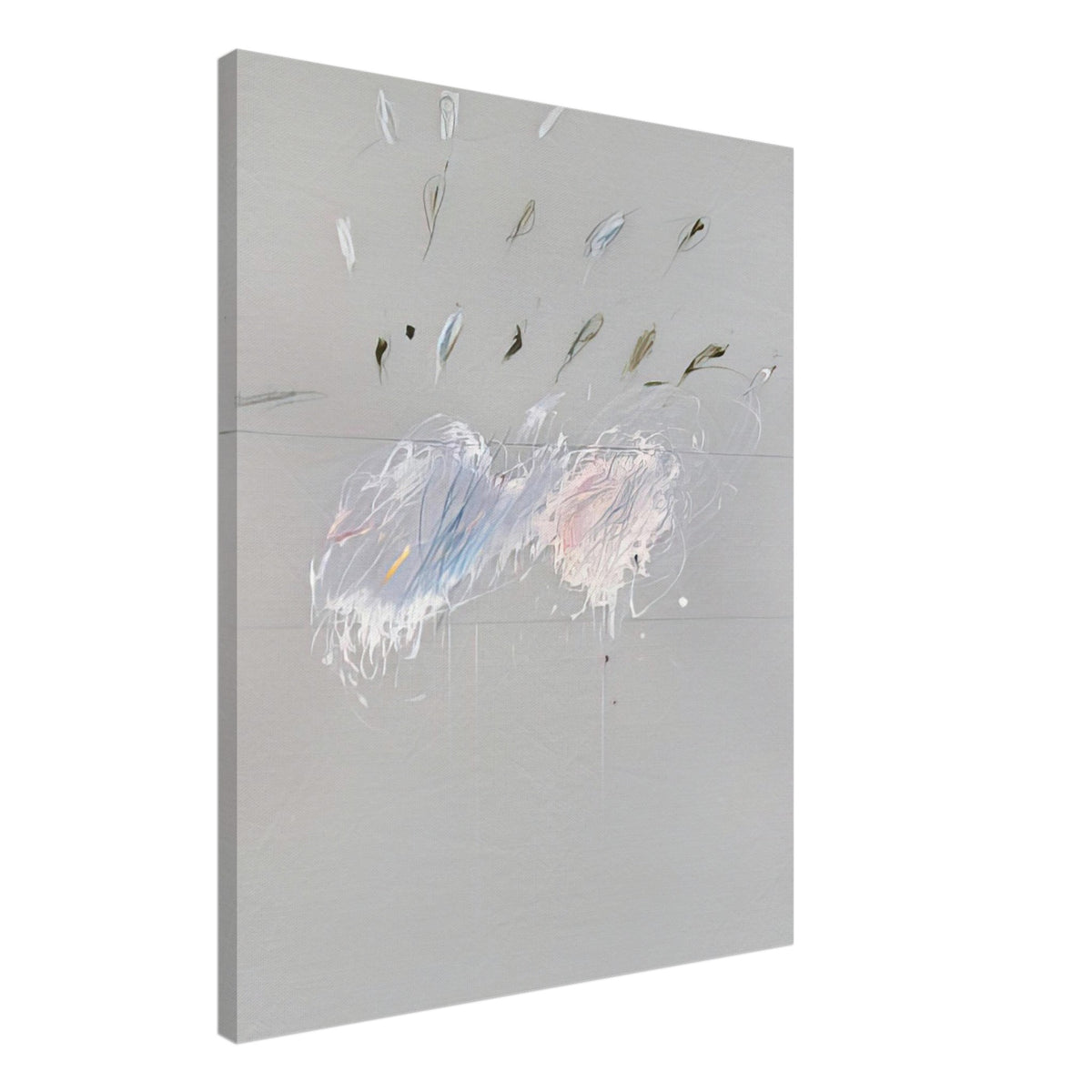 Nine Discourses on Commodus, Part VI by Cy Twombly, canvas print, soft gray background with delicate white brushstrokes, subtle blue, 70x100 cm (28x40 in)