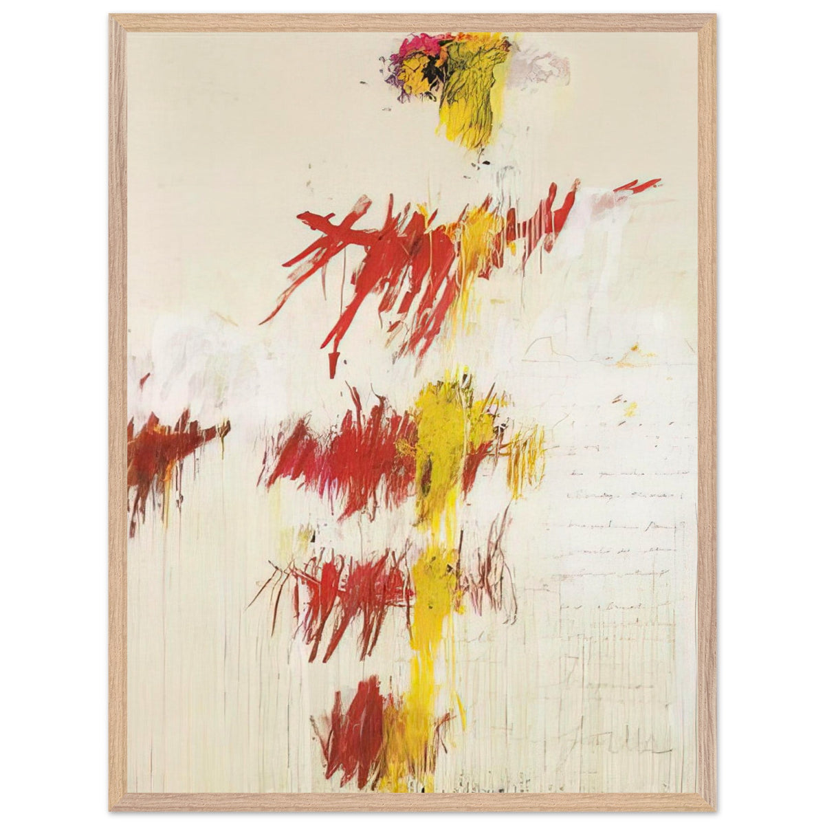 Quattro Stagioni II. Primavera by Cy Twombly, framed art print, energetic red and crimson brushstrokes, luminous yellow accents, 50x70 cm (20x28 in), wood frame