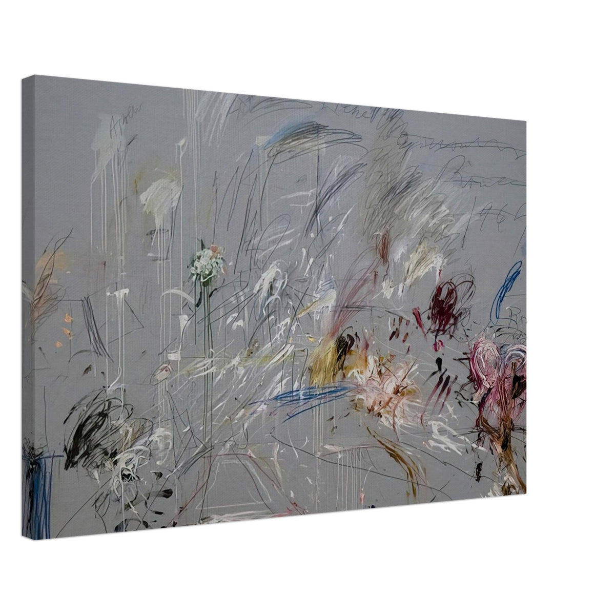 School of Athens by Cy Twombly canvas print, 50 × 75 cm / 20 × 30 in: a muted gray background layered with spontaneous scribbles, energetic linear gestures….