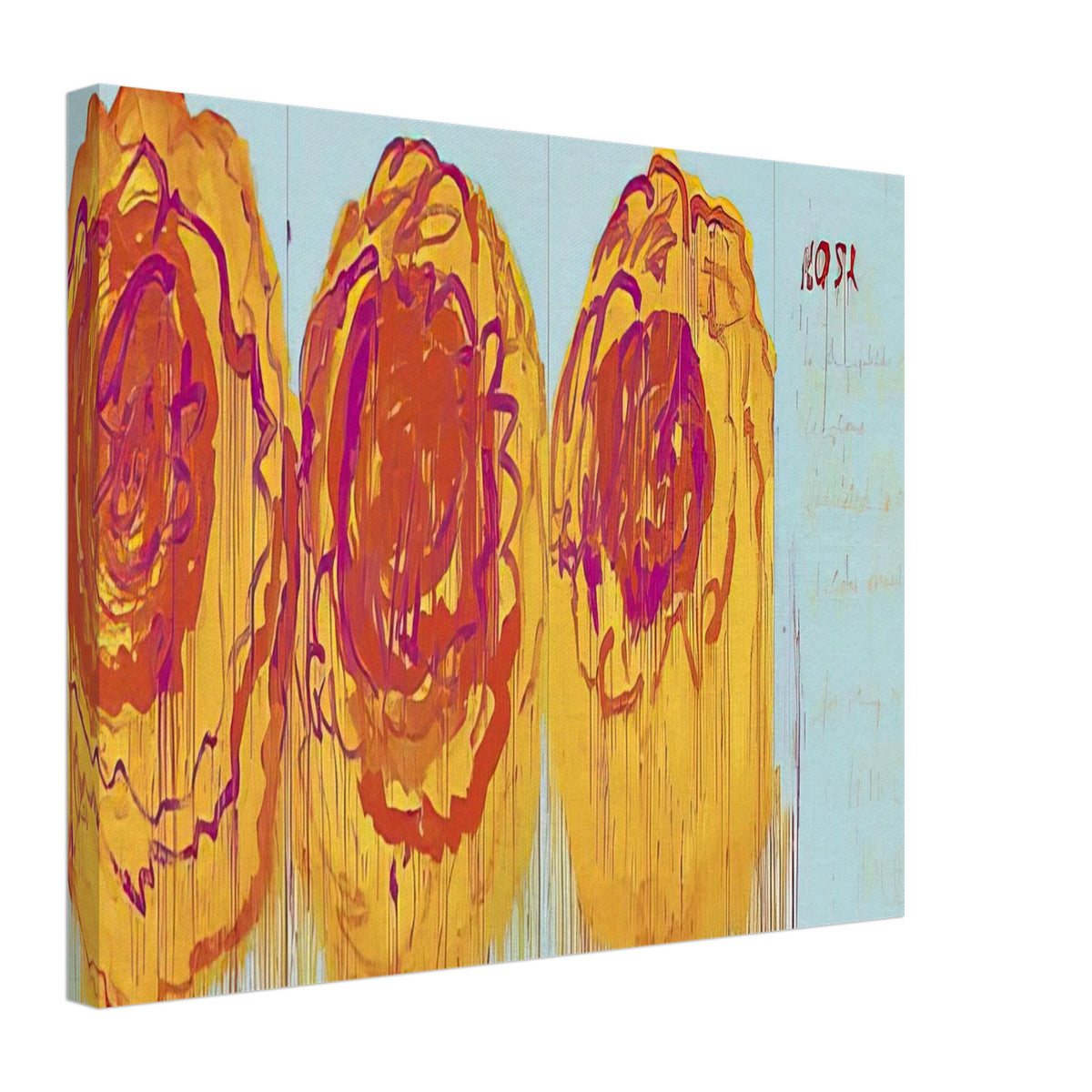 The Rose (I) by Cy Twombly canvas print, 60 × 90 cm / 24 × 36 in: This striking composition features three large, rose-inspired forms in vivid red, orange, yellow….