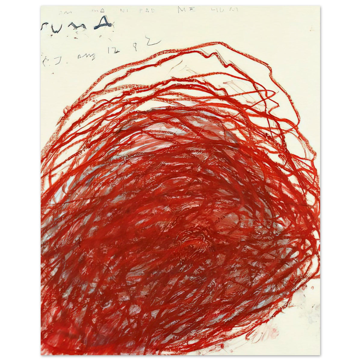 Suma by Cy Twombly, poster, layers of sweeping red and crimson lines that overlap, curve, 100x150 cm (40x60 in)