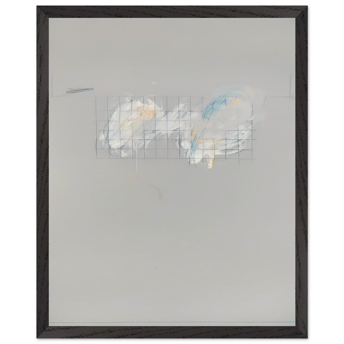 Nine Discourses on Commodus, Part I by Cy Twombly, framed art print, 70x100 cm / 28x40″, Black frame; a muted gray background, a delicate grid of intersecting lines