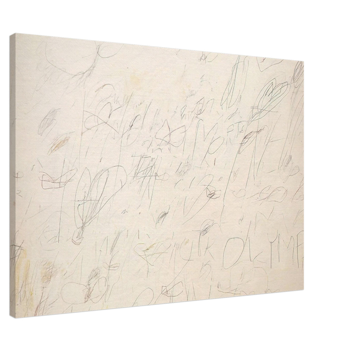 Olympia by Cy Twombly canvas print, 40 × 50 cm / 16 × 20 in: a pale ivory background layered with delicate graphite-like lines, spontaneous scribbles….