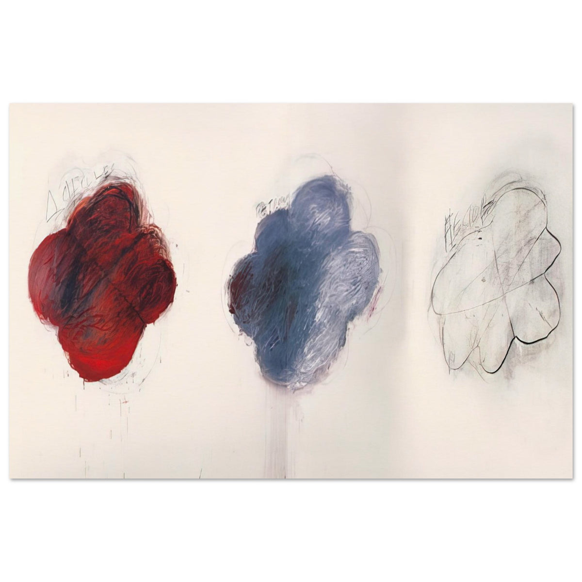 Fifty Days at Iliam: Shades of Achilles, Patroclus, and Hector by Cy Twombly poster, 60 × 90 cm / 24 × 36 in: three cloud-like forms arranged across a pale background: a rich red shape on the left….