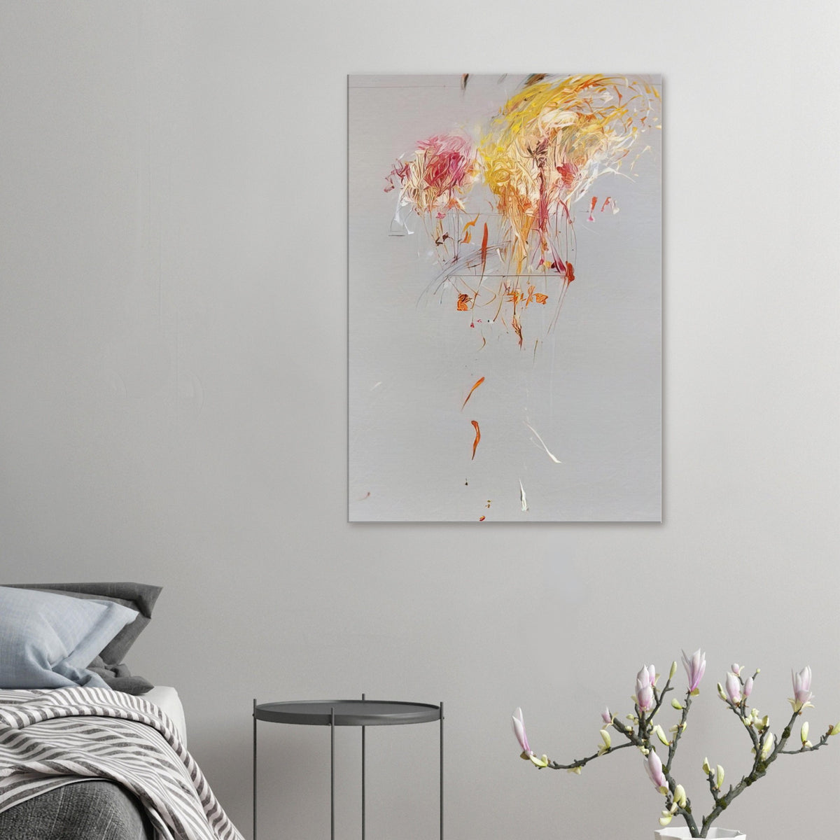 Nine Discourses on Commodus, Part IX by Cy Twombly, canvas print, soft gray background, gestural yellow and golden strokes