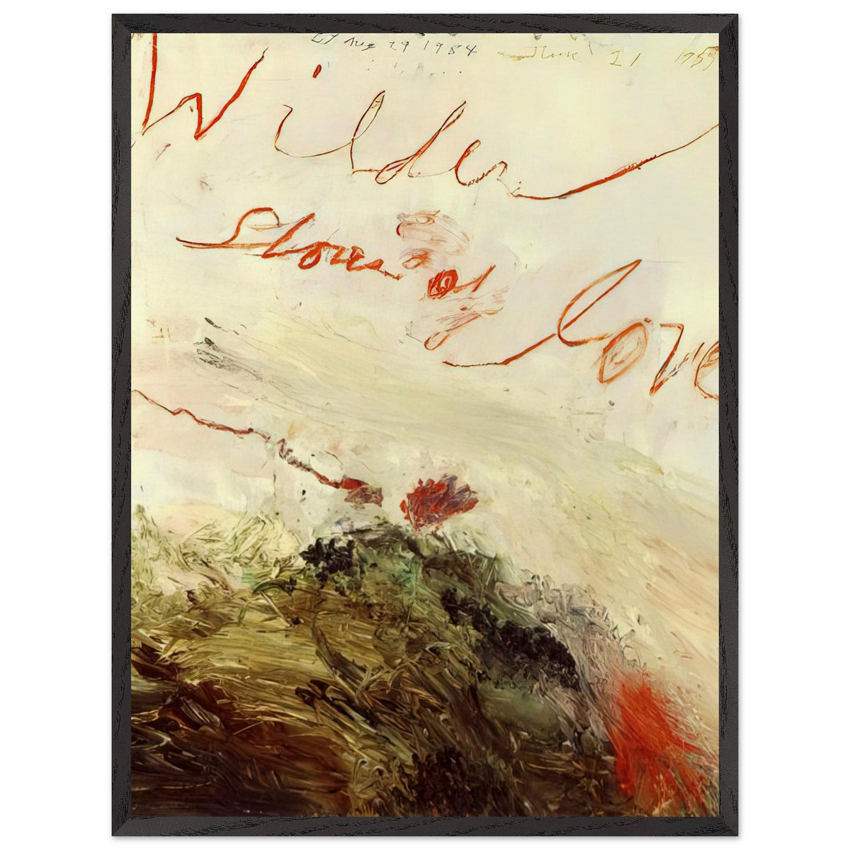 Wilder Shores of Love by Cy Twombly, framed art print, sweeping red and orange handwritten marks, subtle pencil lines, 40x50 cm (16x20 in), wood frame