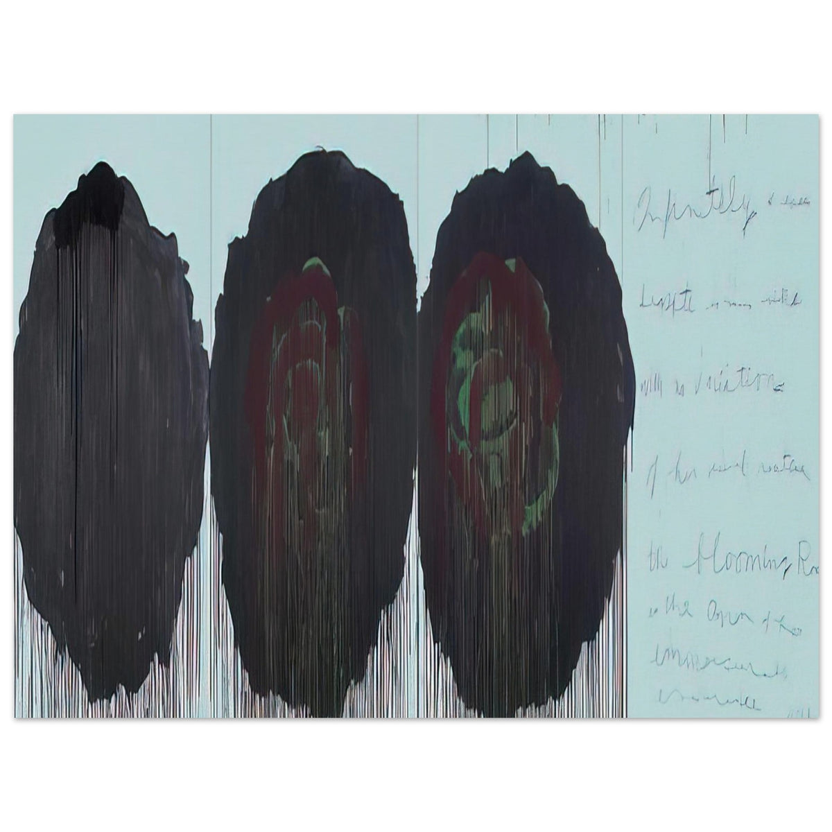 The Rose (V) by Cy Twombly poster, A0 (84.1 × 118.9 cm): This expressive composition features three large, rose-inspired forms dominated by deep black, burgundy….