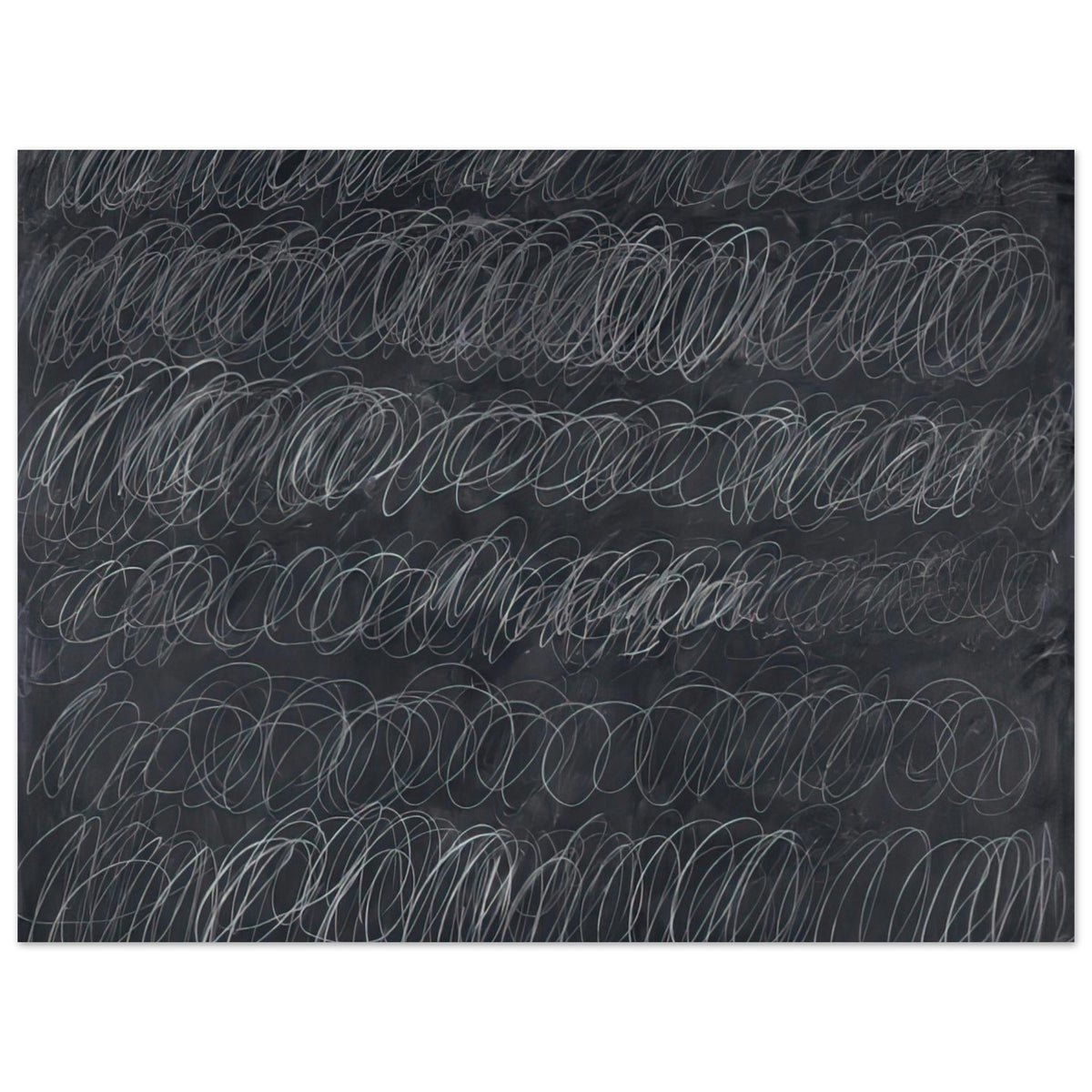 Cold Stream by Cy Twombly poster, 100 × 150 cm / 40 × 60 in: This monochromatic composition features repeated horizontal bands of overlapping white and gray loops….