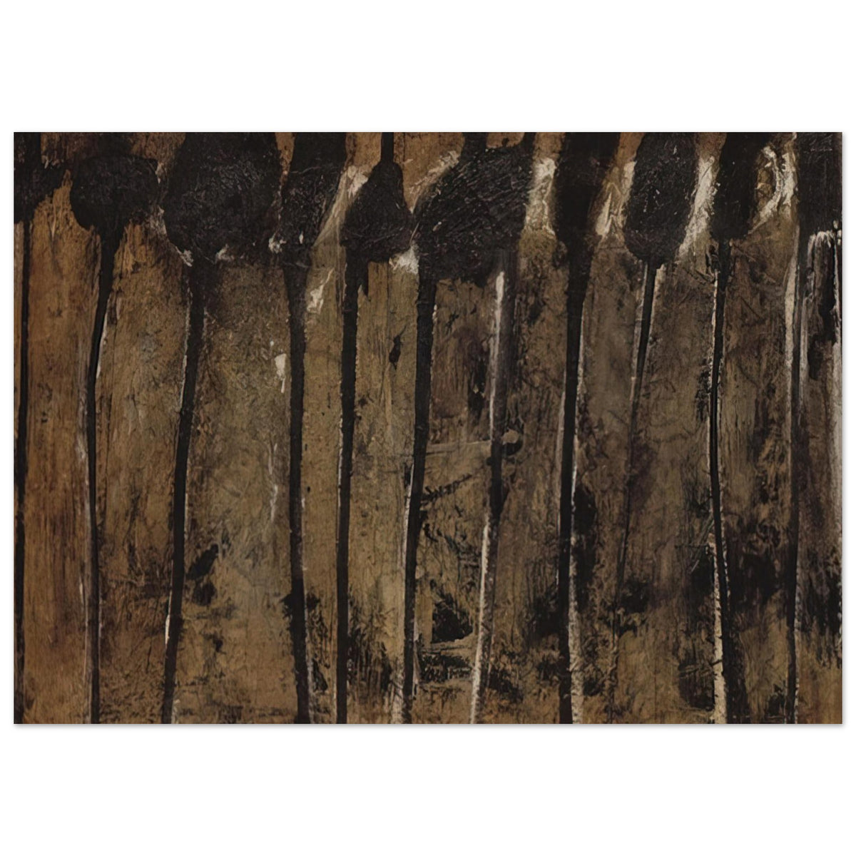 Solon I by Cy Twombly poster, 30 × 40 cm / 12 × 16 in: This atmospheric composition features elongated black and dark brown forms against a textured background….
