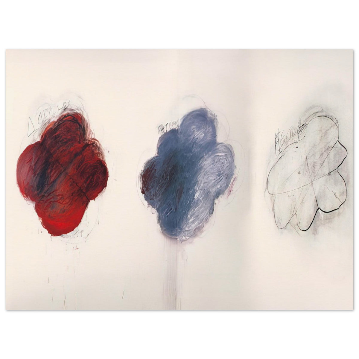 Fifty Days at Iliam: Shades of Achilles, Patroclus, and Hector by Cy Twombly poster, 75 × 100 cm / 30 × 40 in: three cloud-like forms arranged across a pale background: a rich red shape on the left….