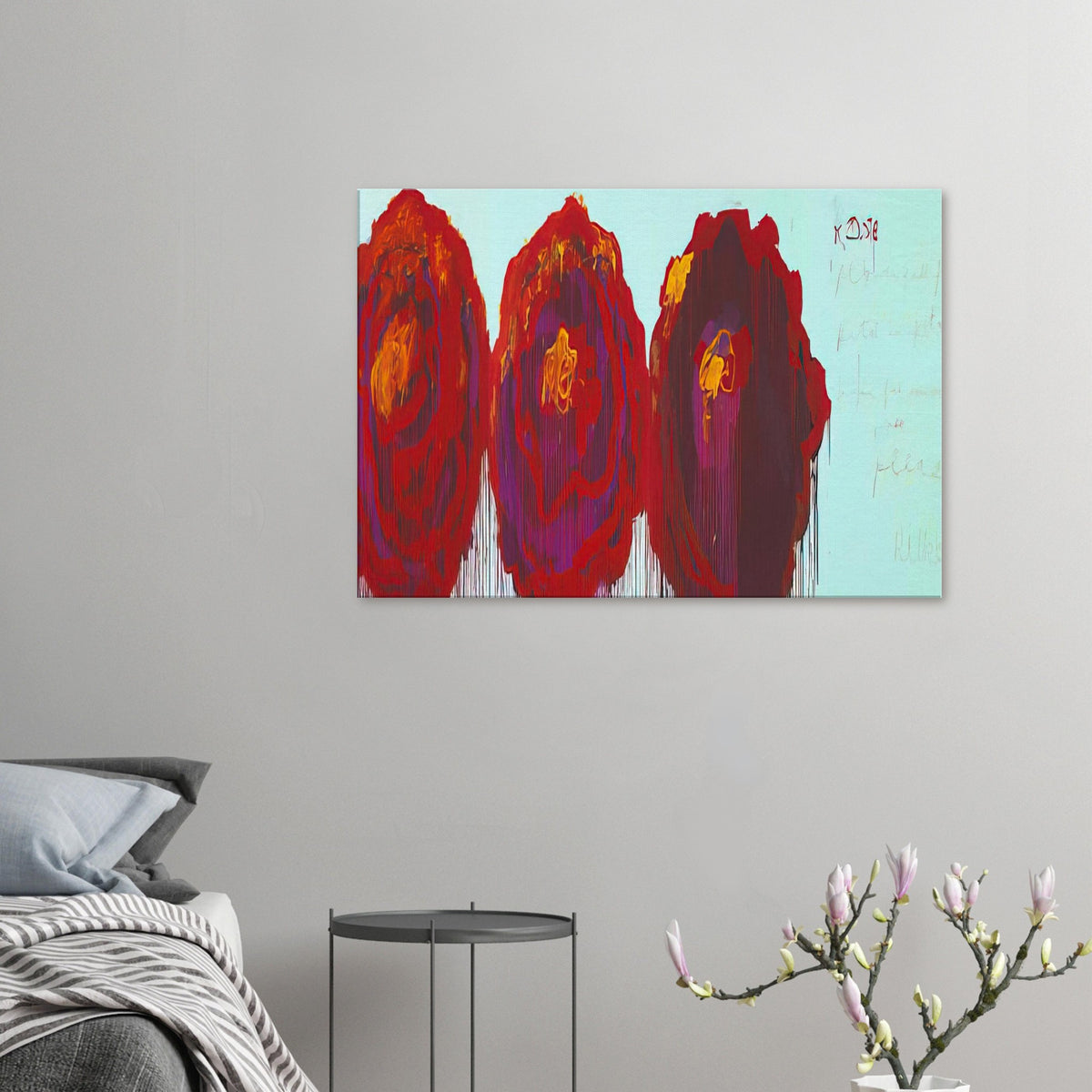 The Rose (IV) by Cy Twombly canvas print: This striking composition features three large, rose-inspired forms in vivid crimson, red, orange, yellow….
