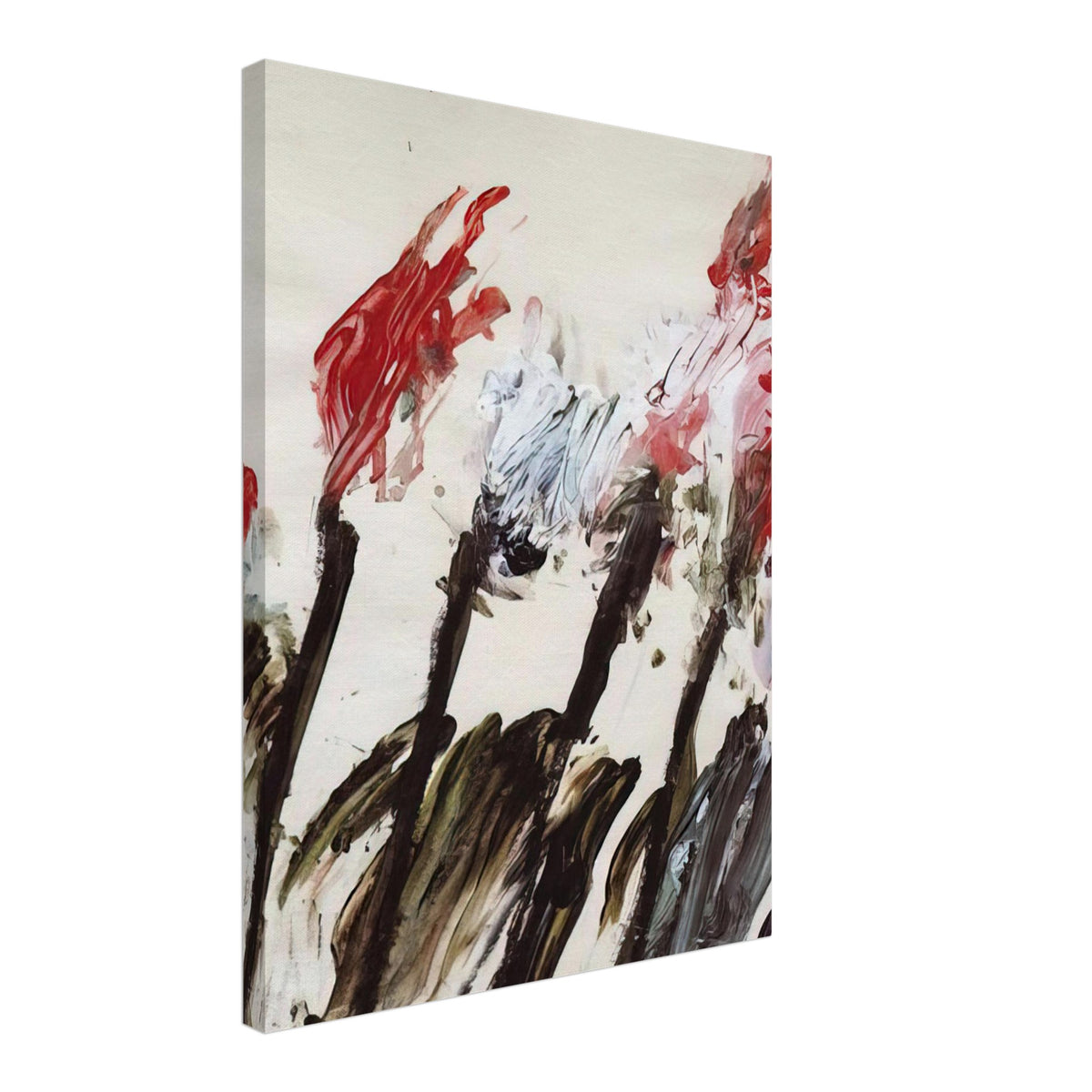 Nicola's Irises by Cy Twombly, canvas print, 50x70 cm / 20x28″; sweeping red and crimson brushstrokes, delicate pink accents, cool blue details