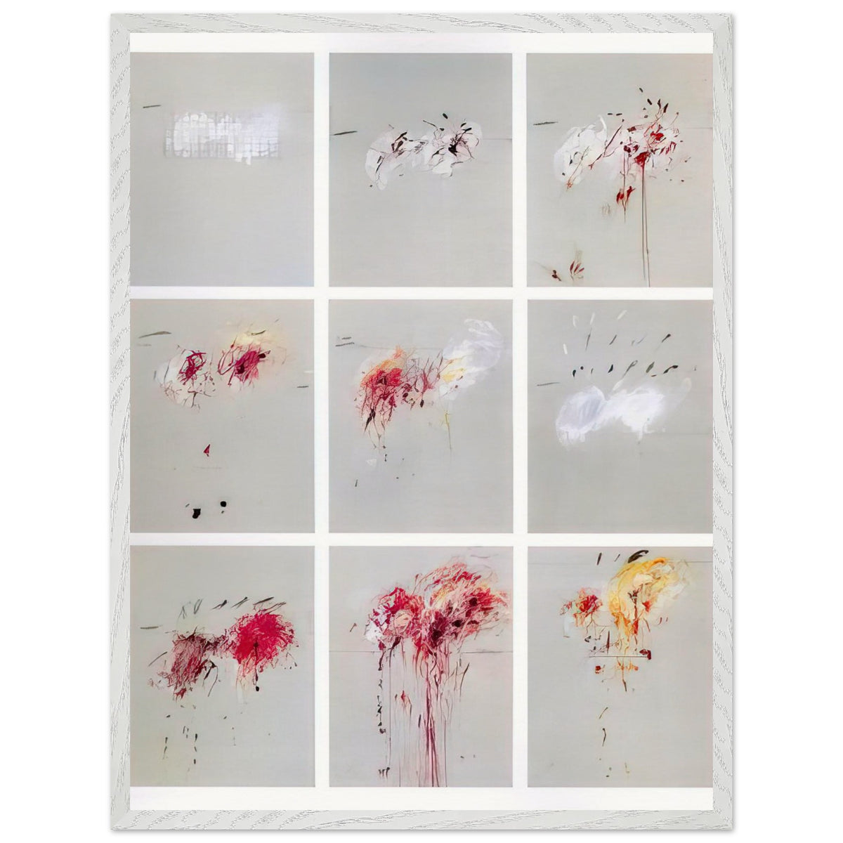 Nine Discourses on Commodus by Cy Twombly, framed art print, nine individual panels distinguished by muted gray backgrounds, 50x70 cm (20x28 in), white frame