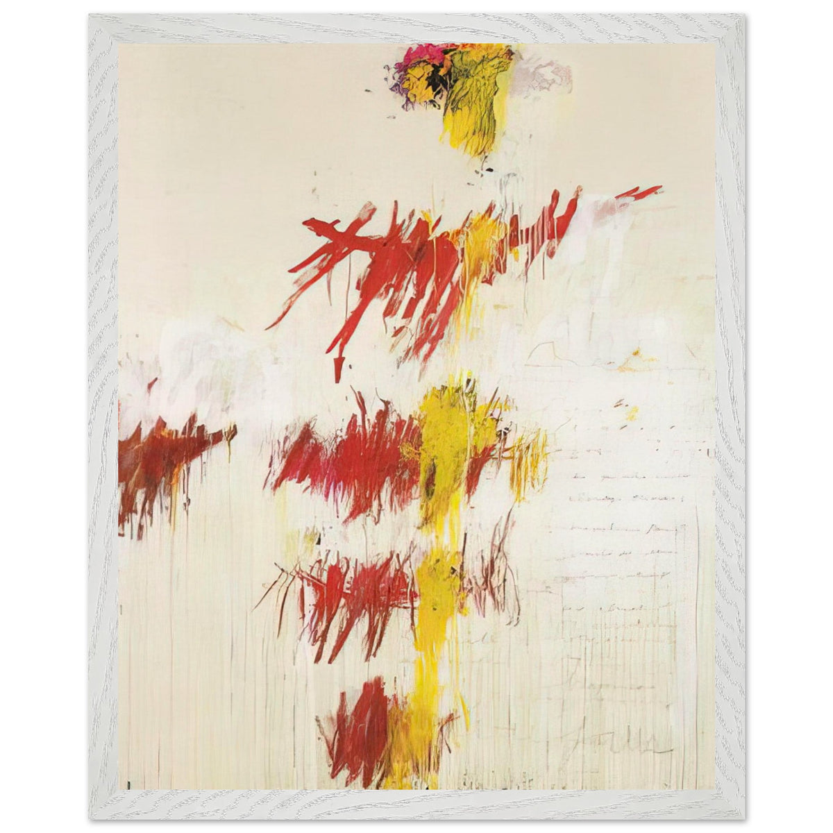Quattro Stagioni II. Primavera by Cy Twombly, framed art print, energetic red and crimson brushstrokes, luminous yellow accents, 27x35 cm (11x14 in), wood frame