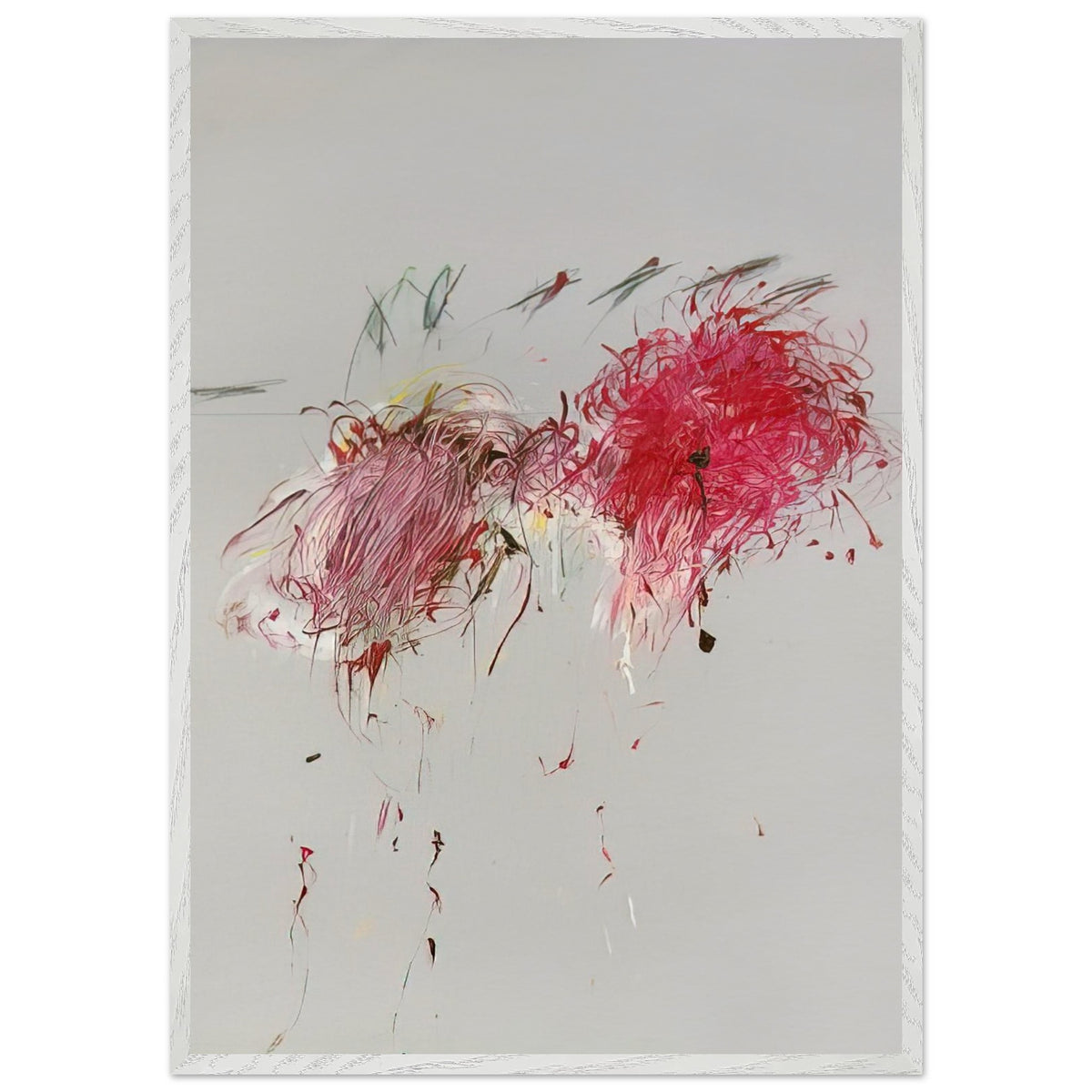 Nicola's Irises by Cy Twombly, framed art print, 70x100 cm / 28x40″, White frame; sweeping red and crimson brushstrokes, delicate pink accents, cool blue details