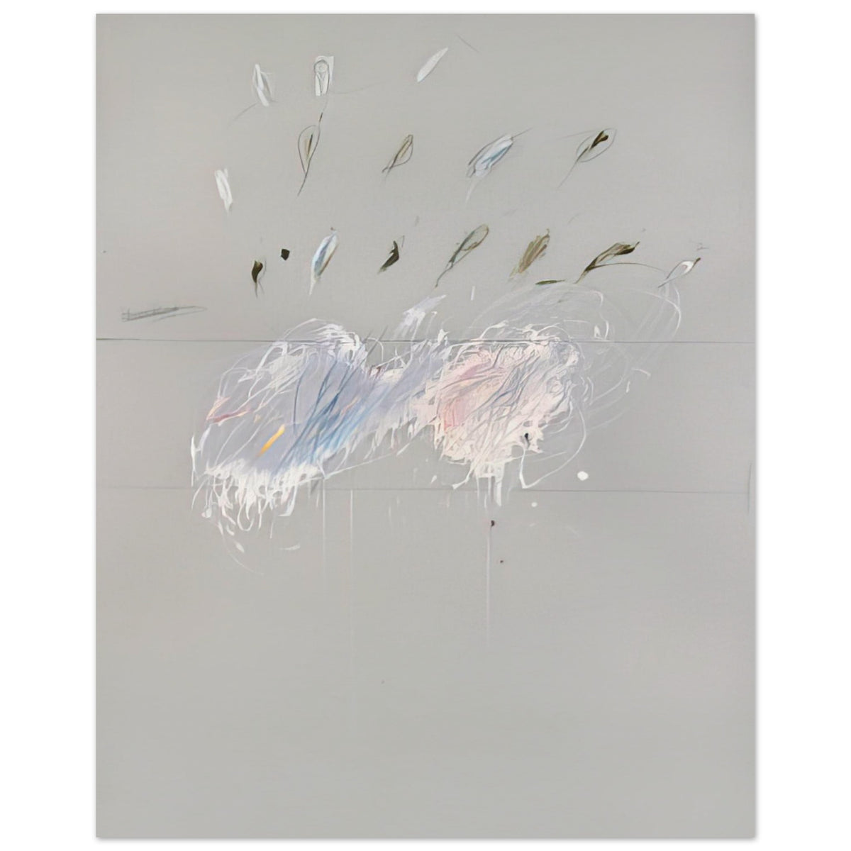 Nine Discourses on Commodus, Part VI by Cy Twombly, poster, muted gray background, delicate white brushstrokes, 40x50 cm (16x20 in)