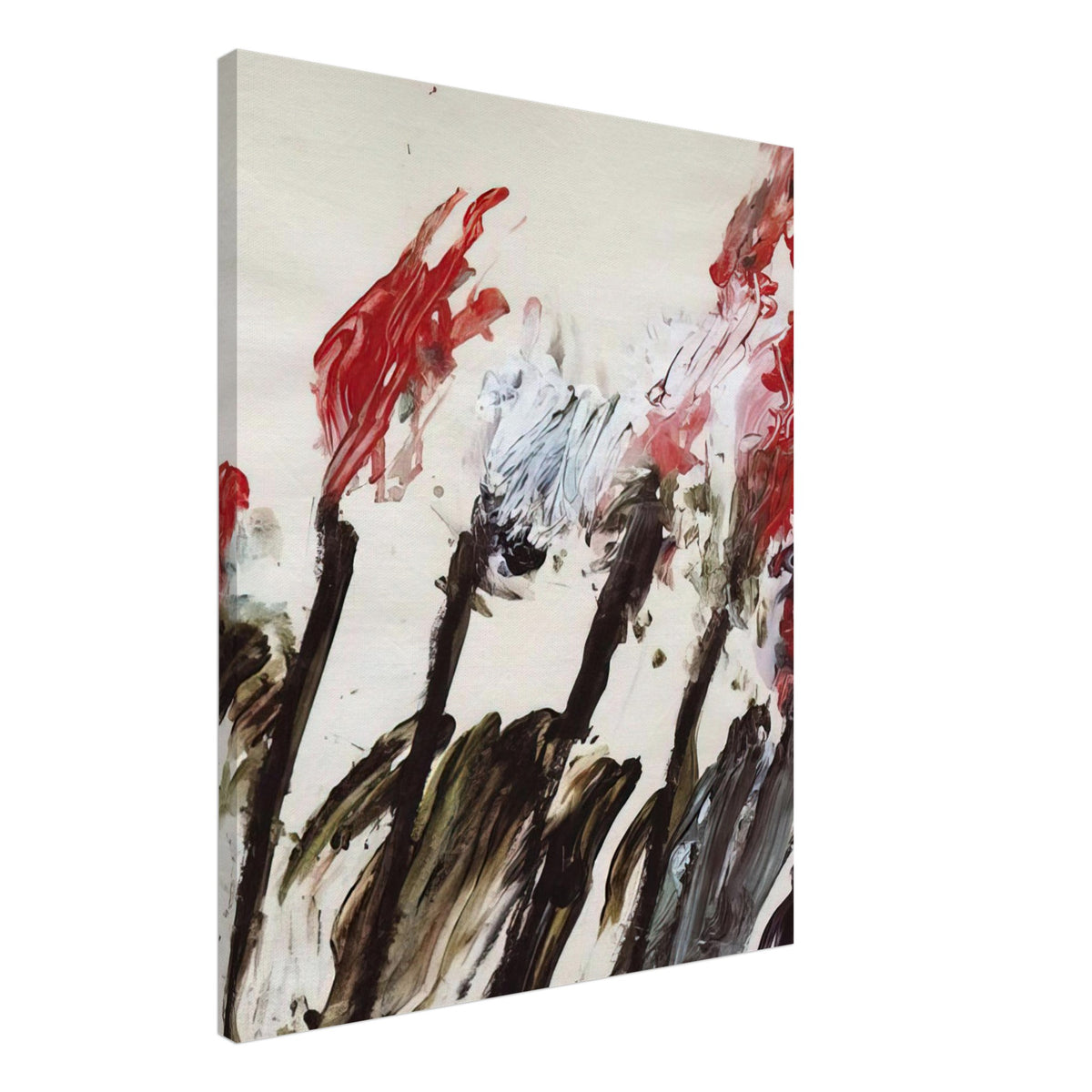 Nicola's Irises by Cy Twombly, canvas print, 60x75 cm / 24x30″; sweeping red and crimson brushstrokes, delicate pink accents, cool blue details