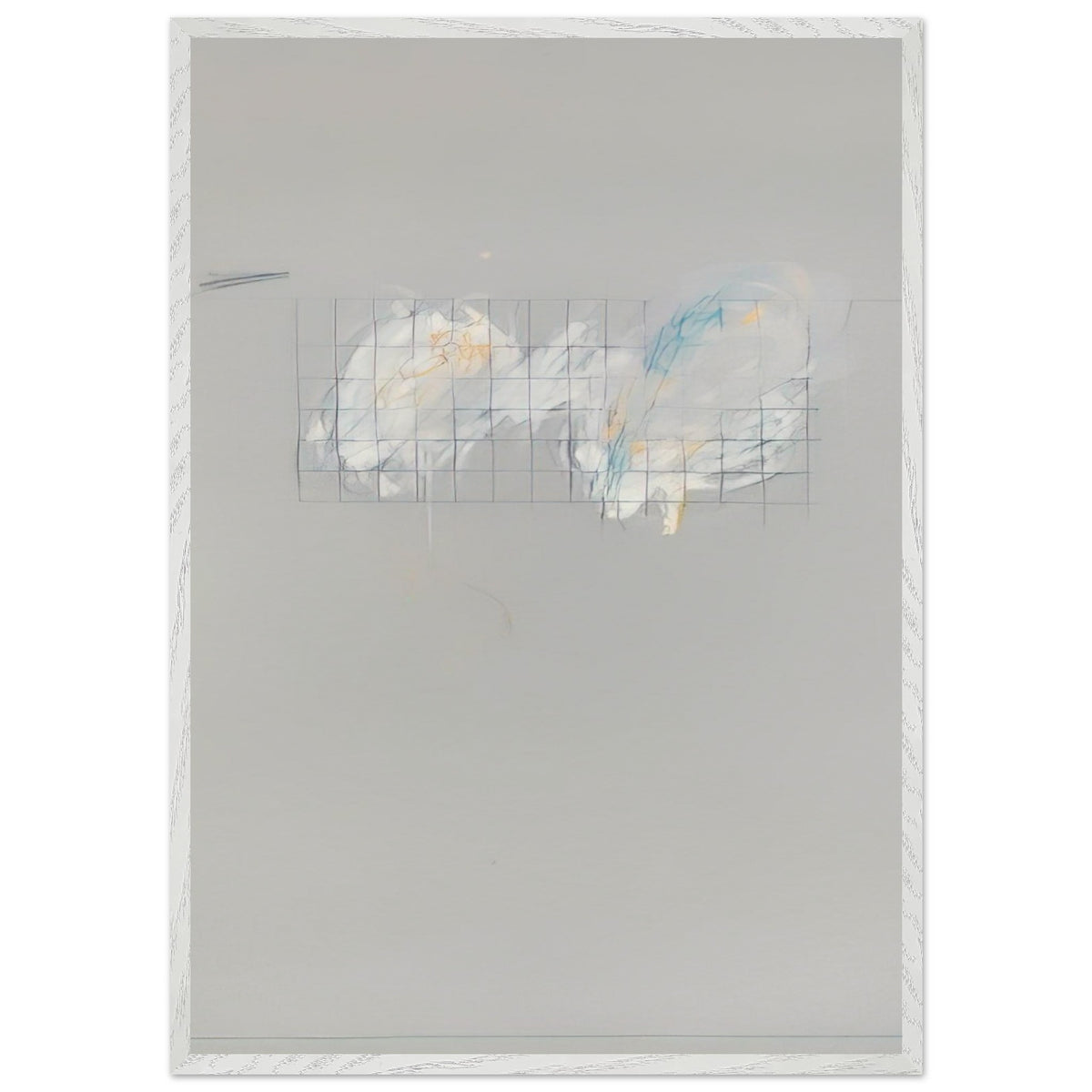 Nine Discourses on Commodus, Part I by Cy Twombly, framed art print, 60x80 cm / 24x32″, Wood frame; a muted gray background, a delicate grid of intersecting lines