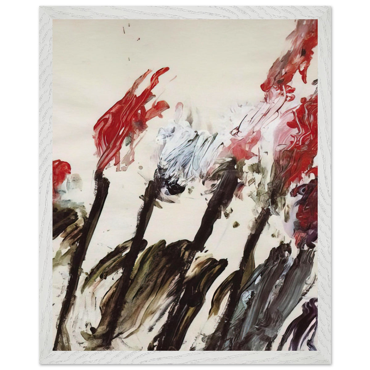 Nicola's Irises by Cy Twombly, framed art print, 27x35 cm / 11x14″, Black frame; sweeping red and crimson brushstrokes, delicate pink accents, cool blue details