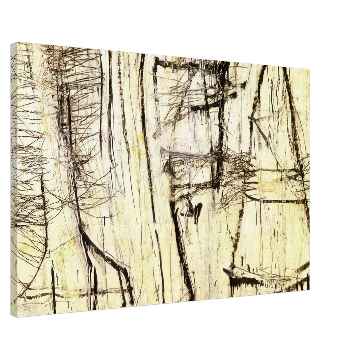 Tiznit by Cy Twombly canvas print, 60 × 90 cm / 24 × 36 in: a warm ivory background layered with intricate black lines, angular gestures, crosshatched marks….