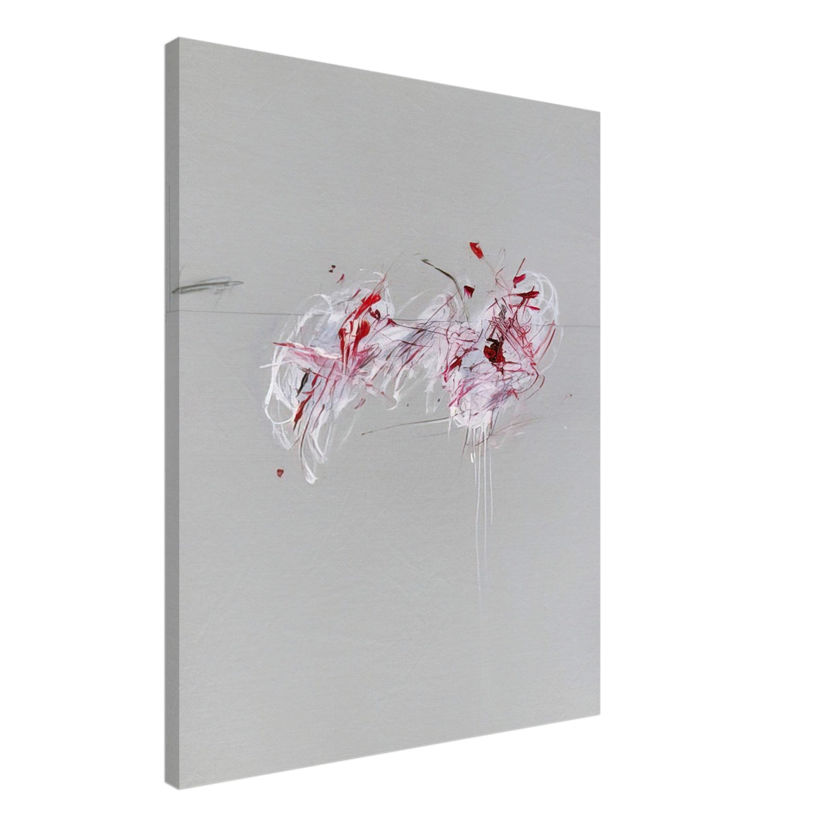 Nine Discourses on Commodus, Part II by Cy Twombly, canvas print, 60x75 cm / 24x30″; a restrained gray background, expressive red and crimson forms, delicate white brushstrokes