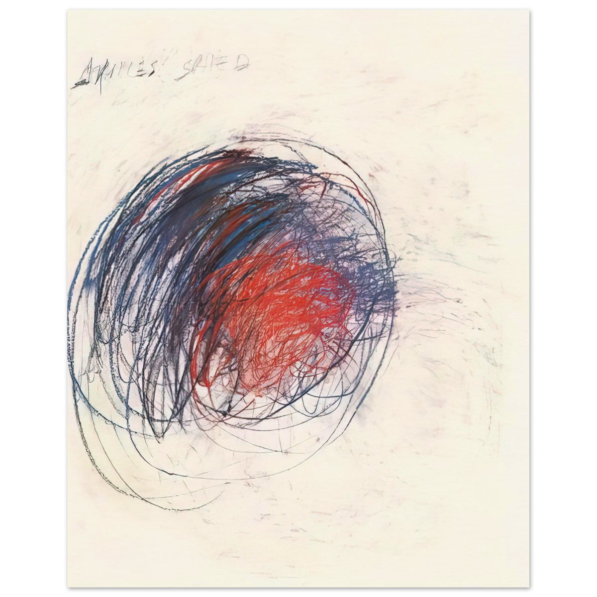 Fifty Days at Iliam: Shield of Achilles by Cy Twombly, poster, 50x70 cm / 20x28″; intricate black lines, expressive red strokes, deep blue accents