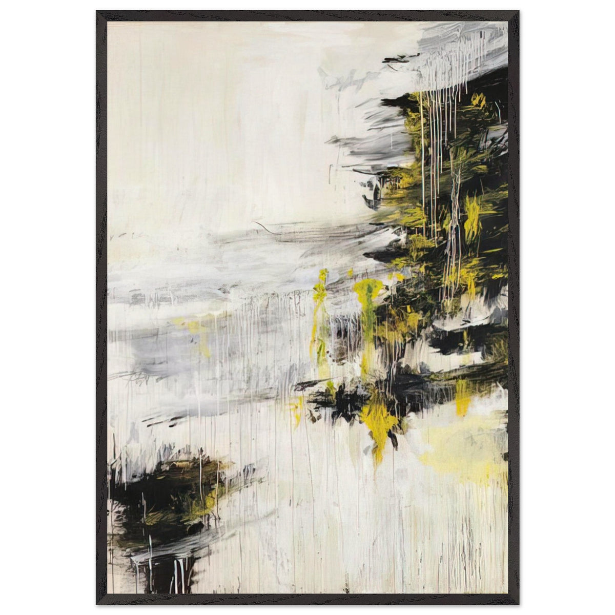Quattro Stagioni II. Inverno by Cy Twombly, framed art print, bold black brushstrokes, flowing white and gray paint, 27x35 cm (11x14 in), white frame