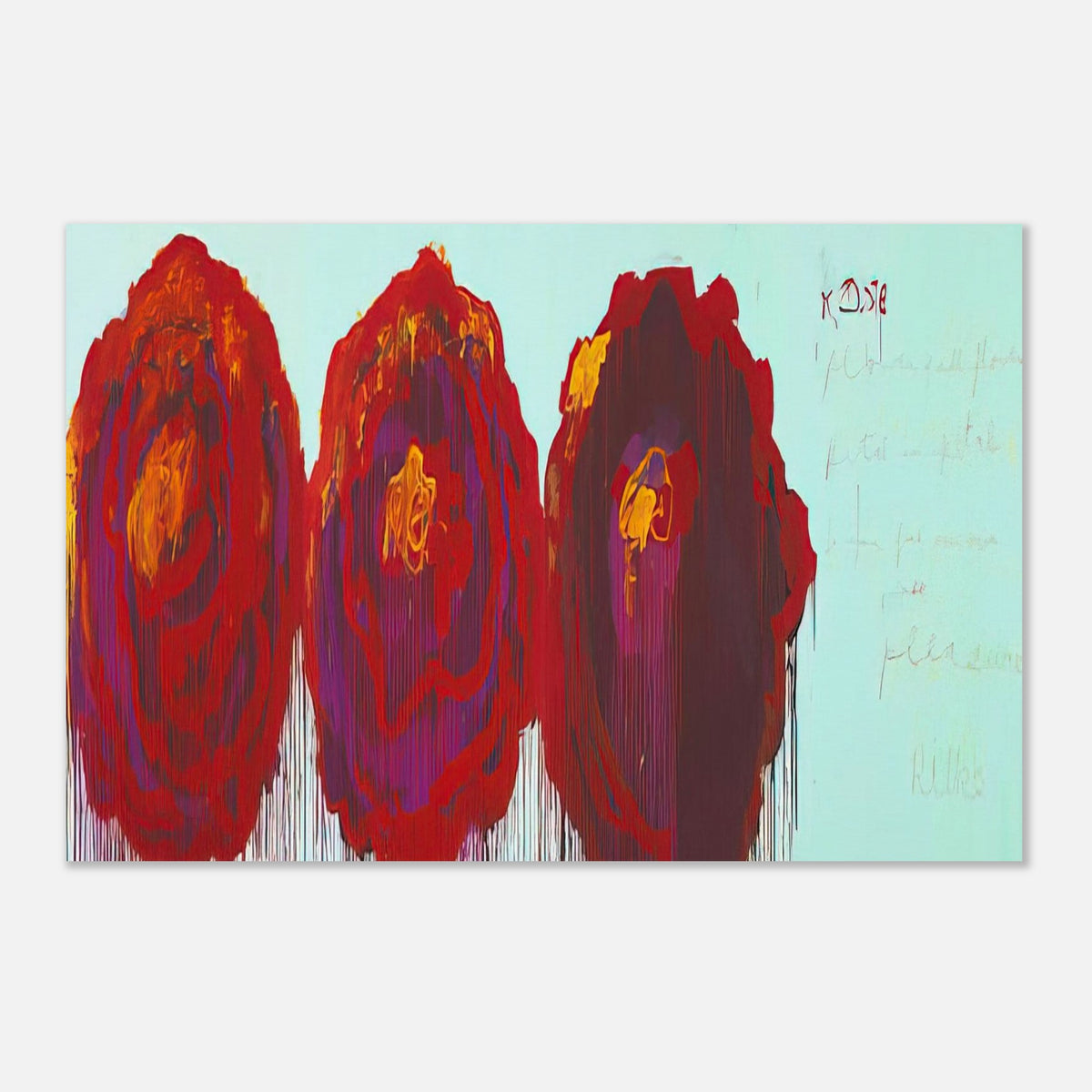 The Rose (IV) by Cy Twombly poster: This expressive composition features three large, rose-inspired forms painted in vibrant shades….