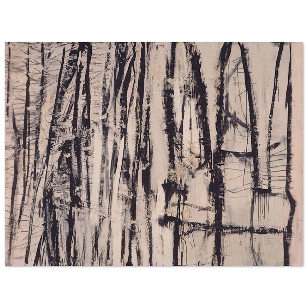 Quarzazat by Cy Twombly poster, 30 × 40 cm / 12 × 16 in: This atmospheric composition features a dense arrangement of vertical black and dark brown marks against….