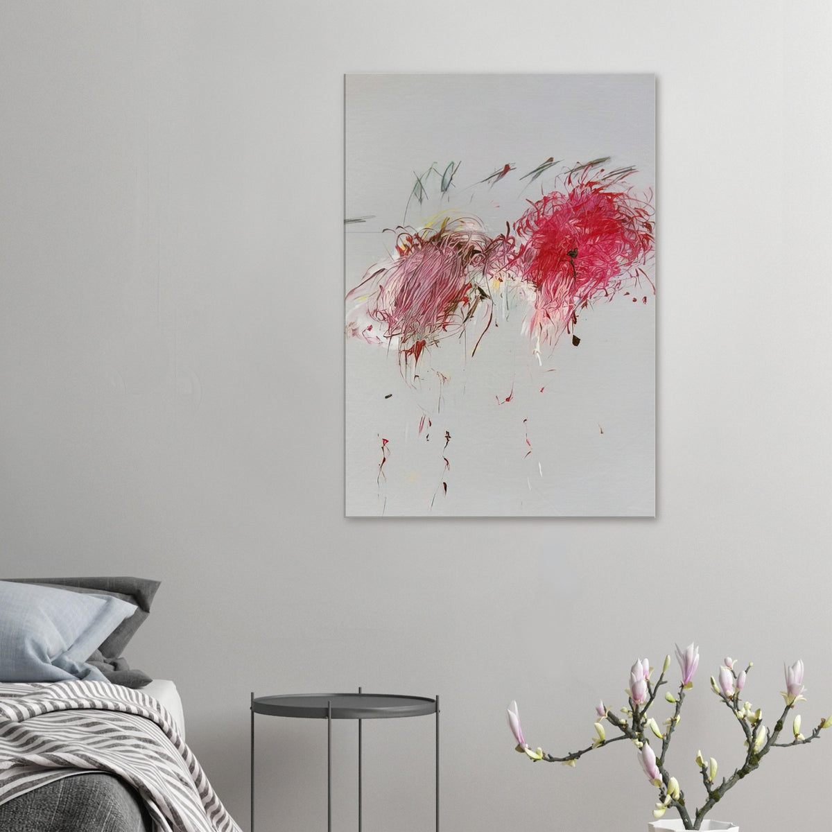 Nicola's Irises by Cy Twombly, canvas print; sweeping red and crimson brushstrokes, delicate pink accents, cool blue details, and dark gestural lines against a pale background