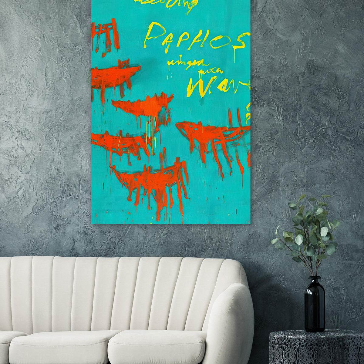 Leaving Paphos Ringed with Waves (III) by Cy Twombly, poster; a turquoise background with bold orange-red boat-like forms and spontaneous yellow handwritten lettering