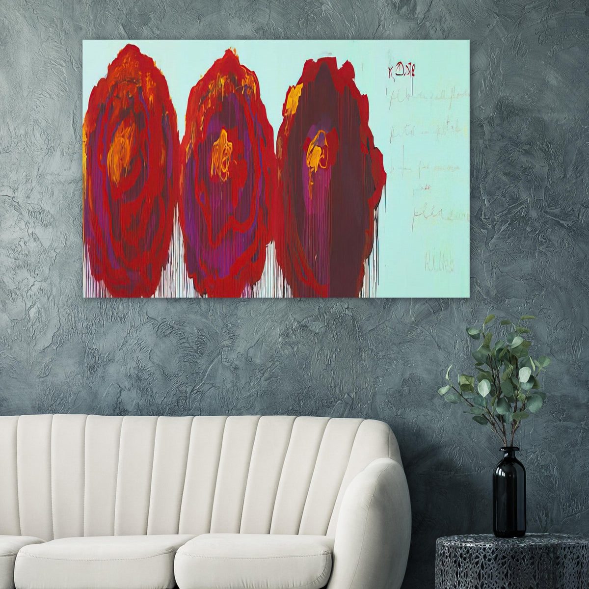 The Rose (IV) by Cy Twombly poster: This expressive composition features three large, rose-inspired forms painted in vibrant shades….