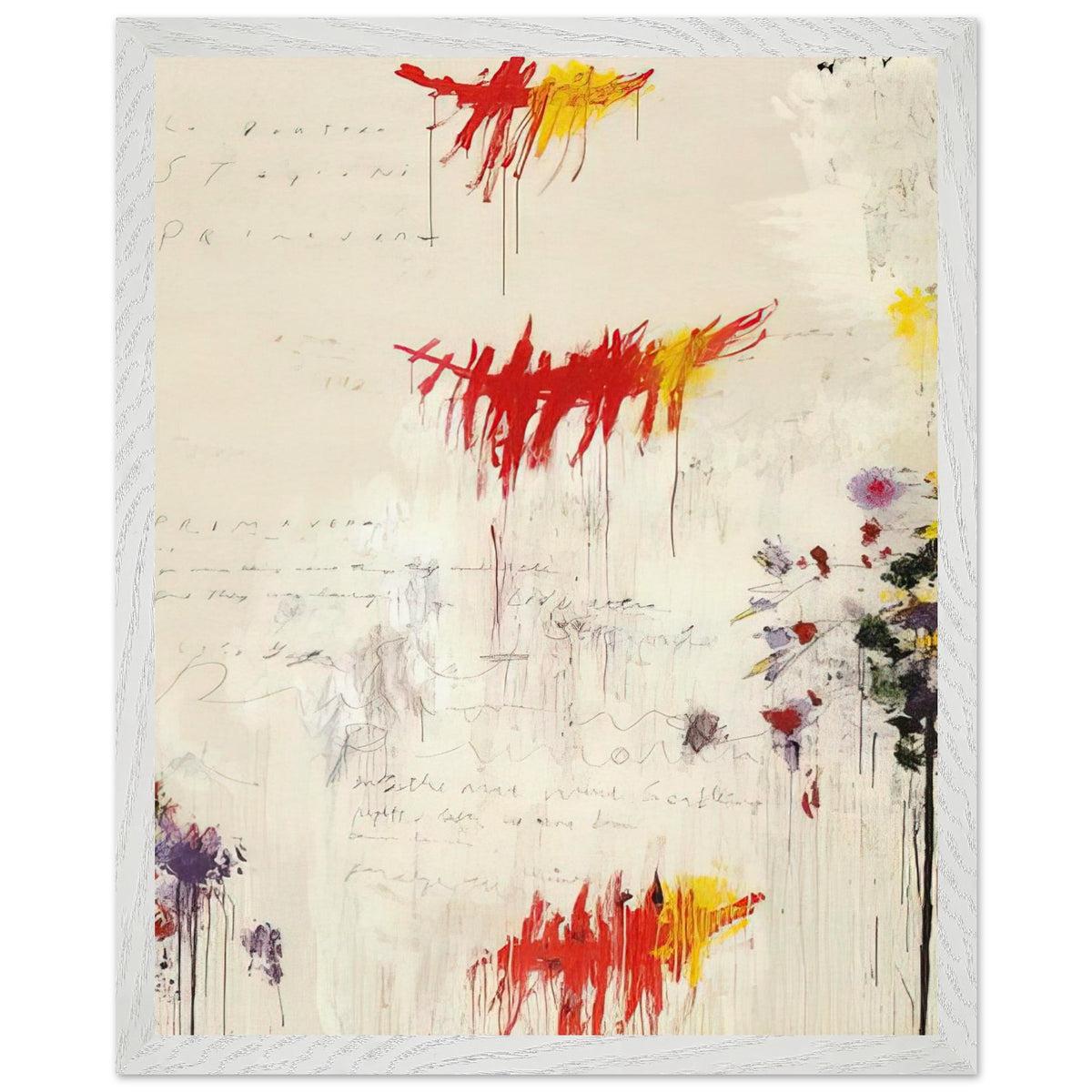 Quattro Stagioni I. Primavera by Cy Twombly, framed art print, energetic red and yellow brushstrokes, subtle purple and green details, 40x50 cm (16x20 in), wood frame