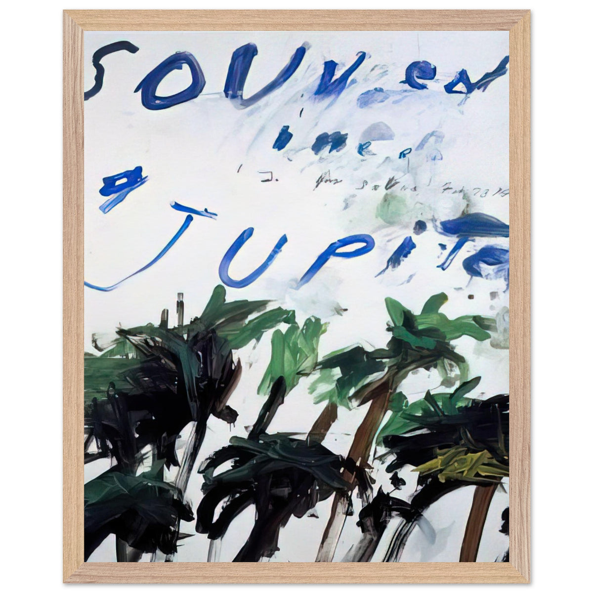 Souvenir of Jupiter by Cy Twombly, framed art print, handwritten lettering, gestural abstraction, 60x80 cm (24x32 in), white frame