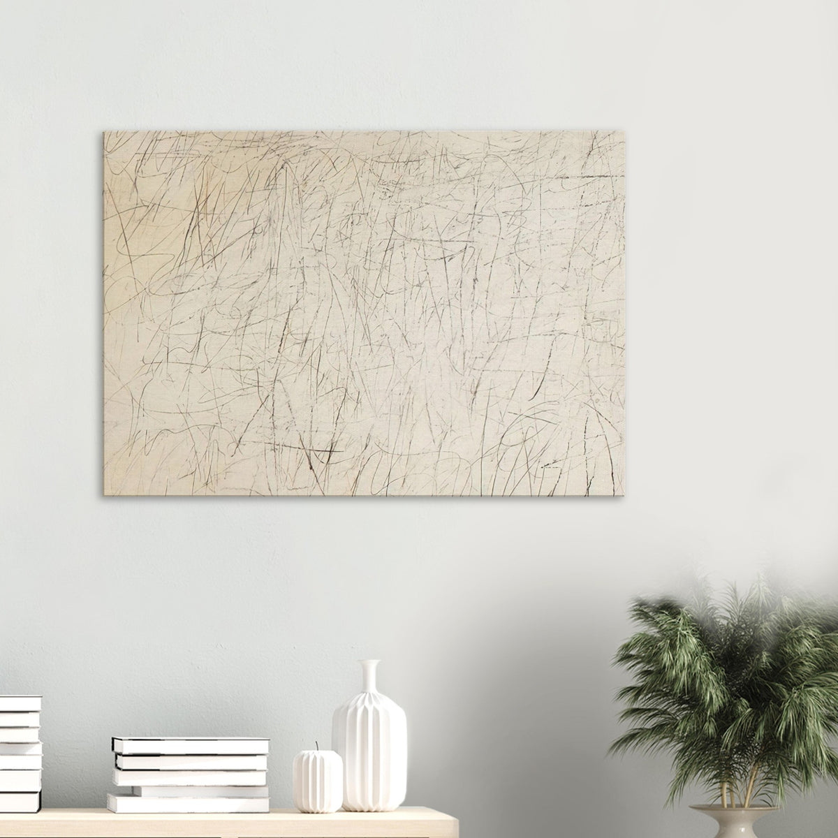 The Geeks by Cy Twombly canvas print: a warm ivory background filled with delicate pencil-like lines, overlapping scribbles, angular gestures….